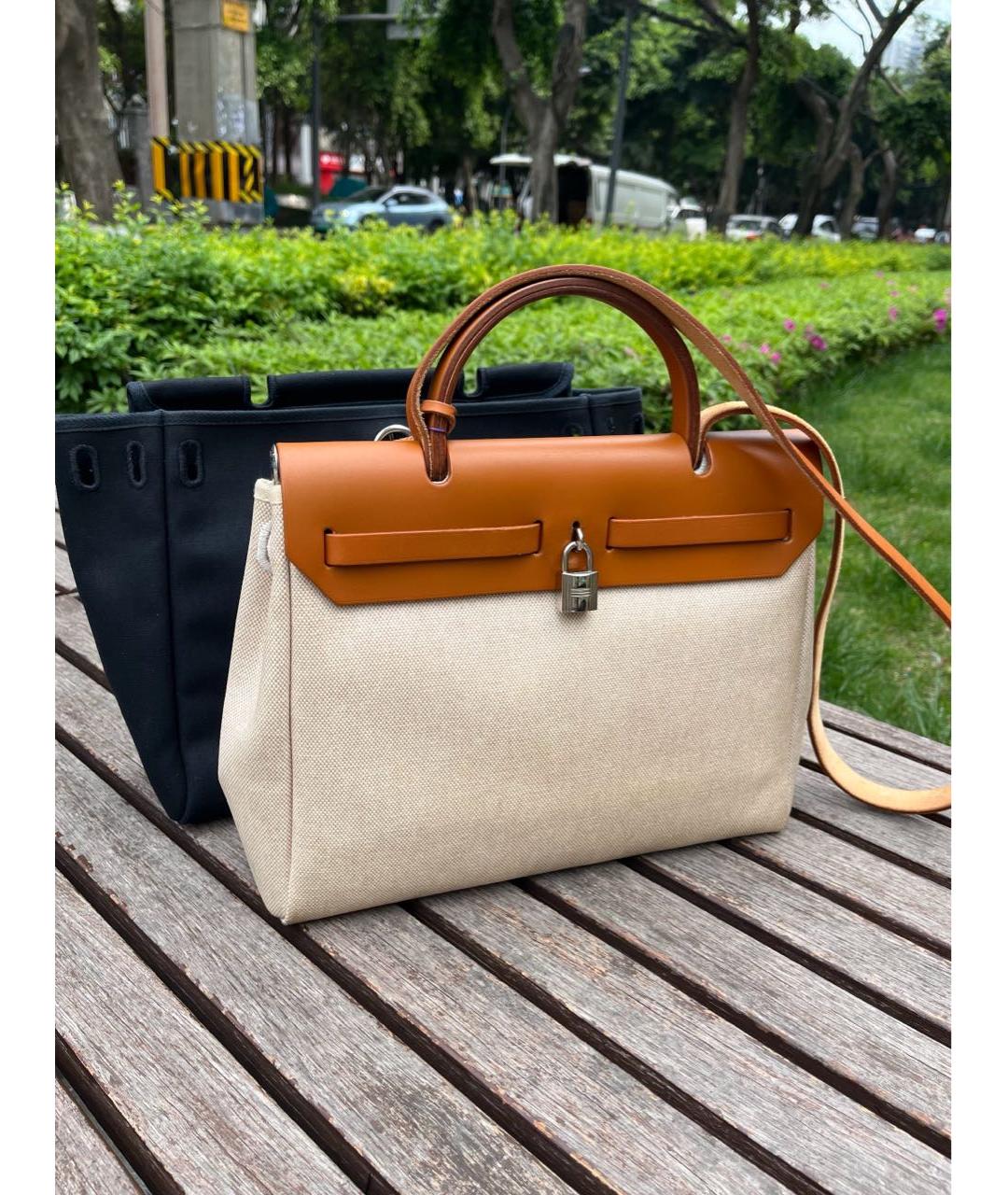 HERMES Коричневая тканевая сумка с короткими ручками, фото 3