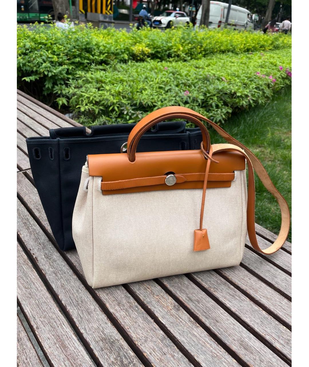 HERMES Коричневая тканевая сумка с короткими ручками, фото 2