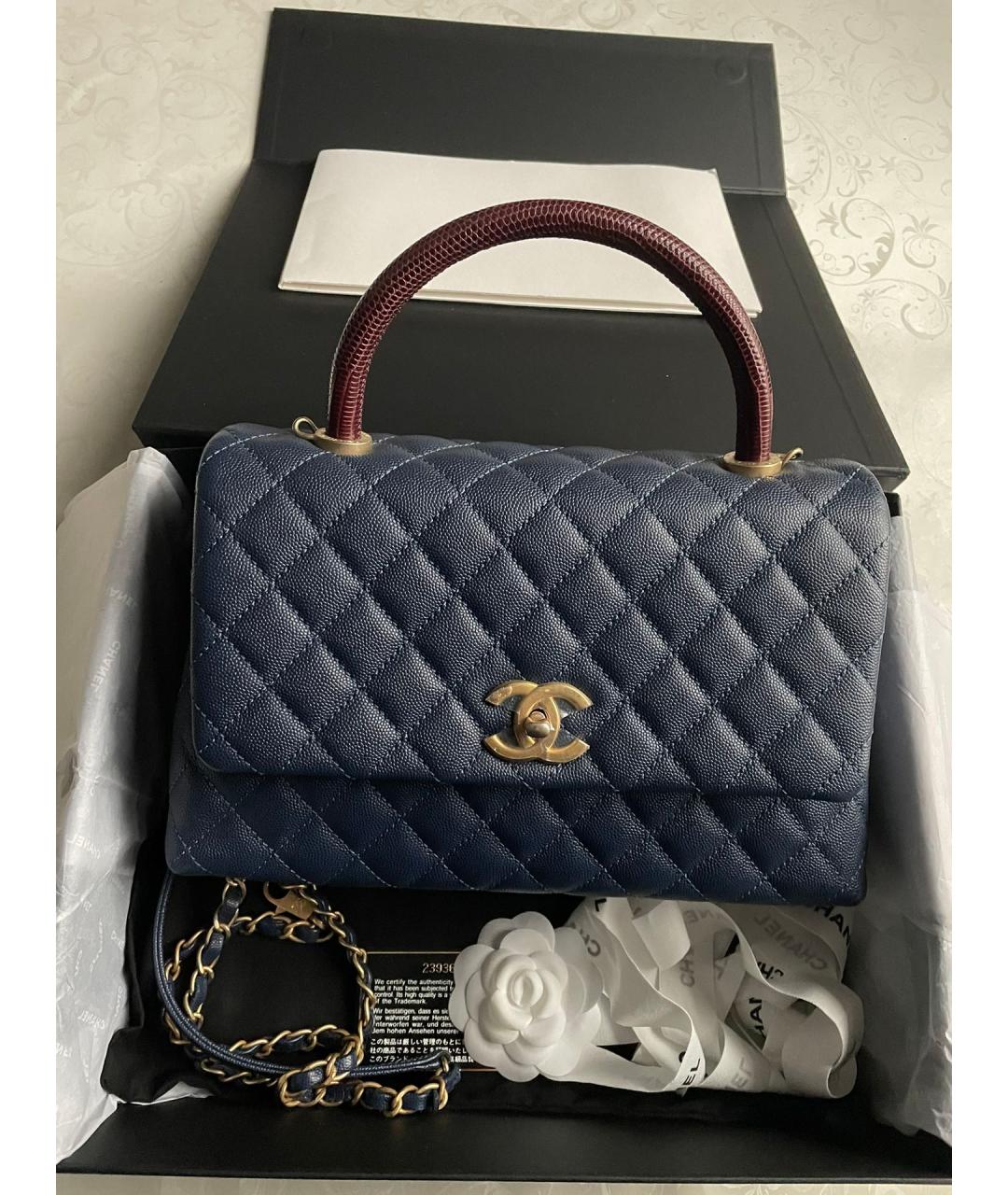 CHANEL PRE-OWNED Темно-синяя кожаная сумка с короткими ручками, фото 7