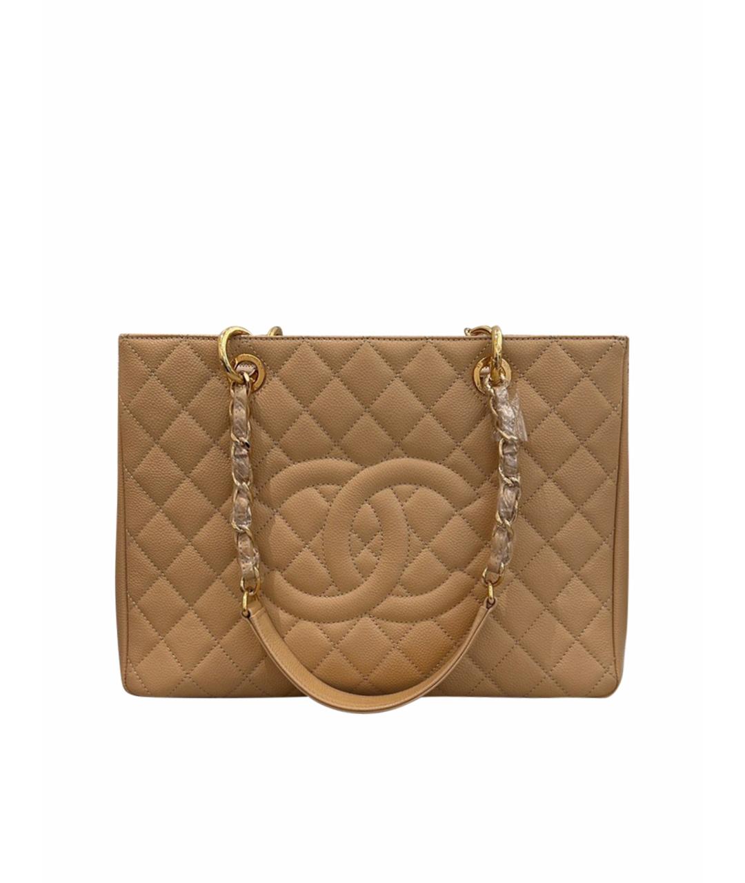 CHANEL PRE-OWNED Бежевая кожаная сумка тоут, фото 1