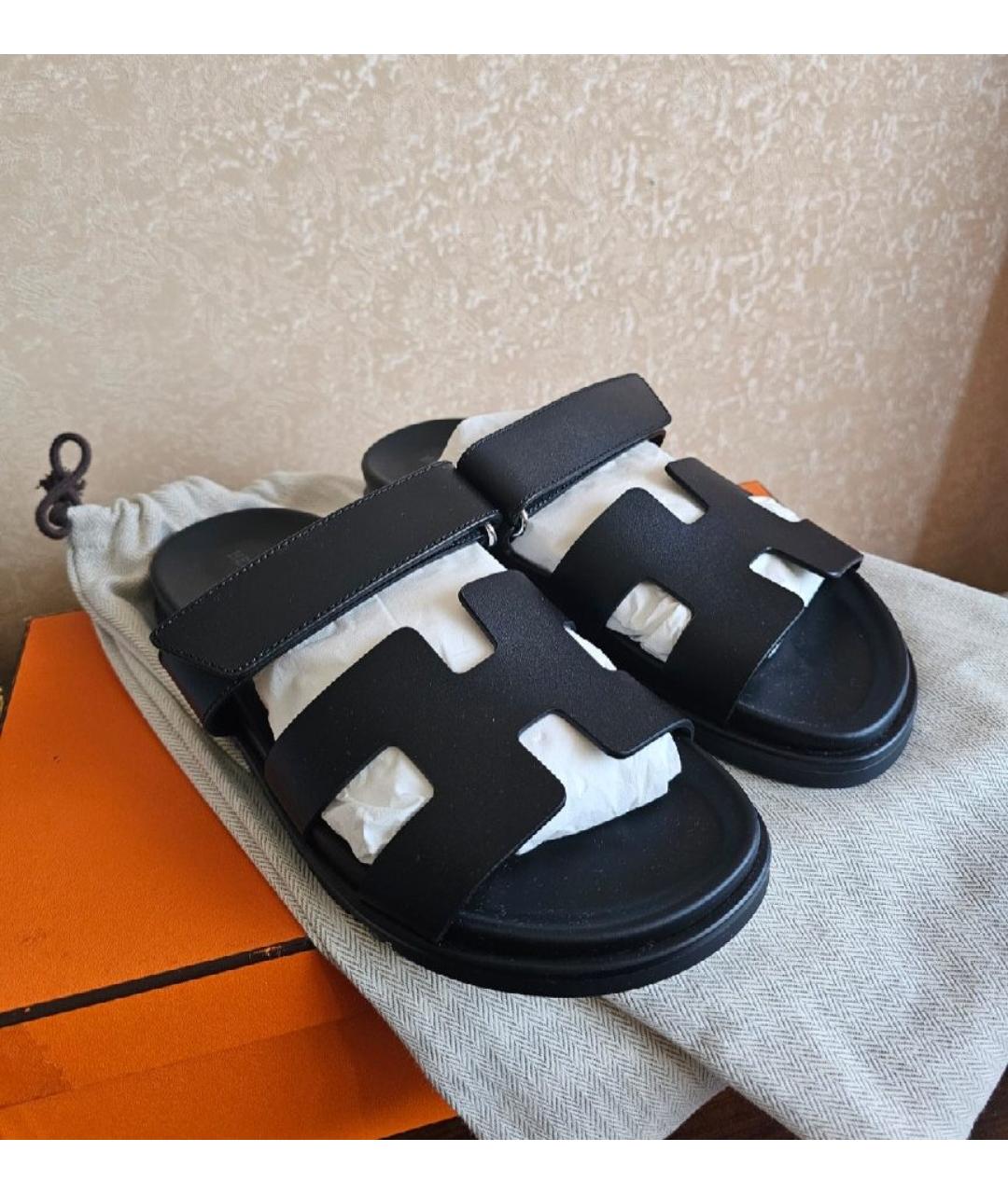 HERMES Черные кожаные шлепанцы, фото 4