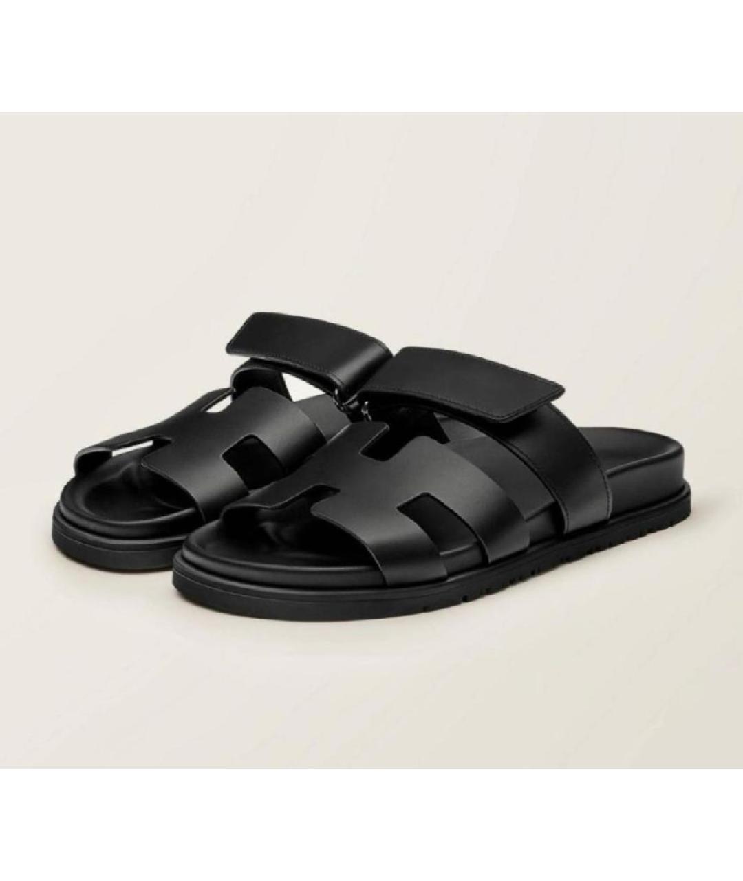 HERMES Черные кожаные шлепанцы, фото 2