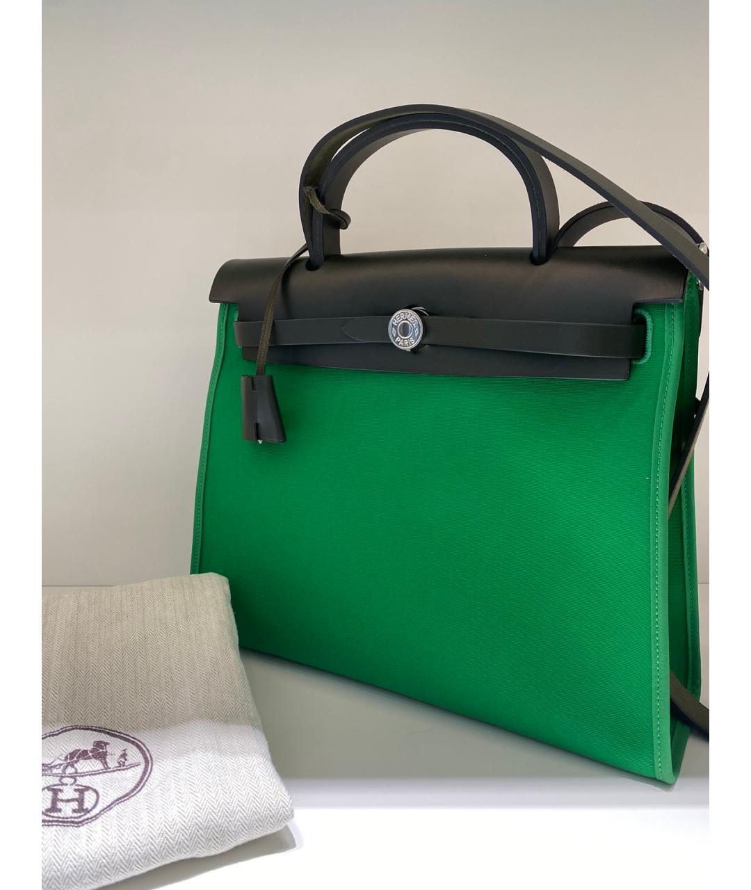 HERMES PRE-OWNED Зеленая деним сумка с короткими ручками, фото 2