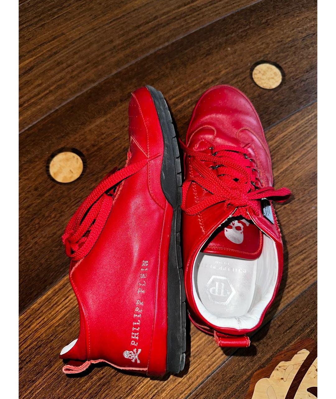 PHILIPP PLEIN Красные кожаные низкие кроссовки / кеды, фото 5