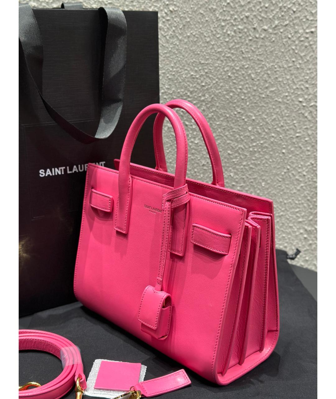 SAINT LAURENT Розовая кожаная сумка с короткими ручками, фото 3