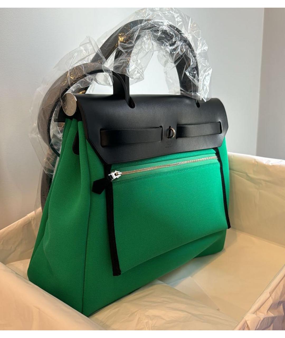 HERMES PRE-OWNED Зеленая тканевая сумка с короткими ручками, фото 6