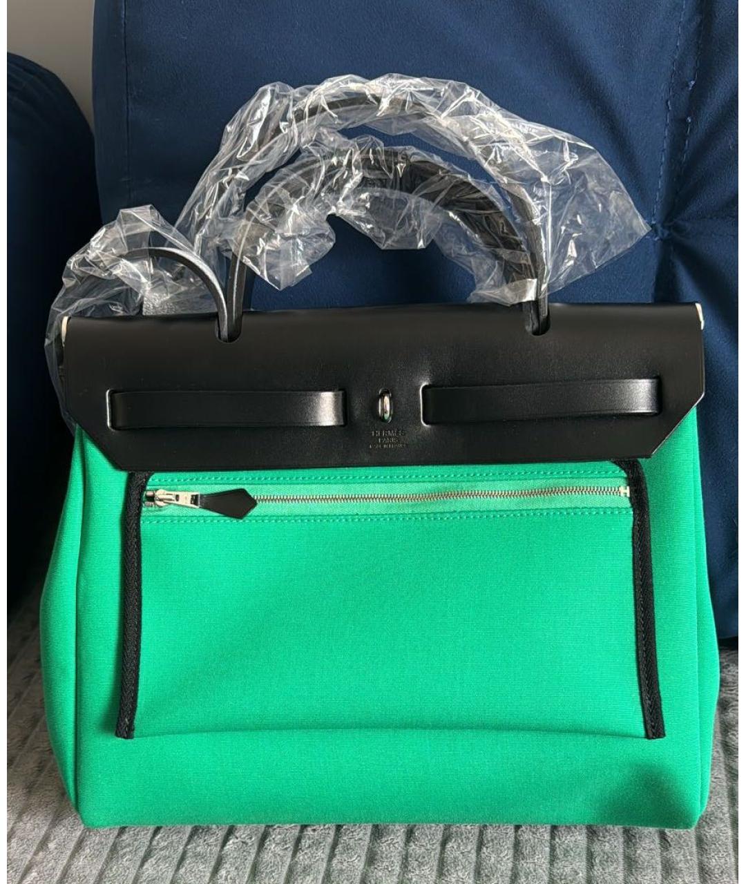 HERMES PRE-OWNED Зеленая тканевая сумка с короткими ручками, фото 5