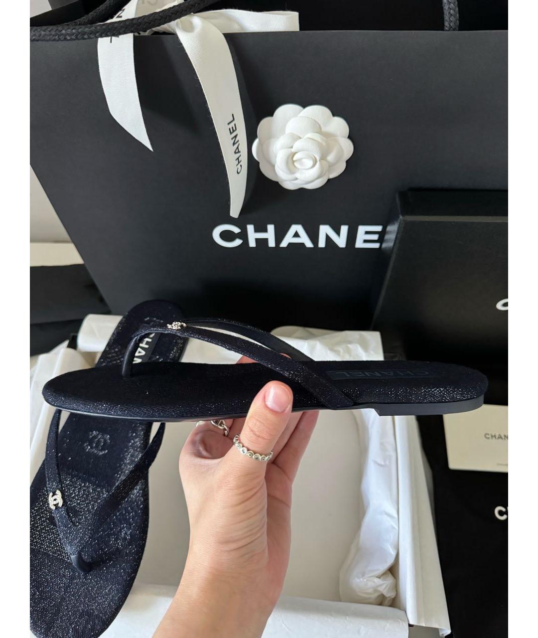 CHANEL PRE-OWNED Темно-синие текстильные шлепанцы, фото 3