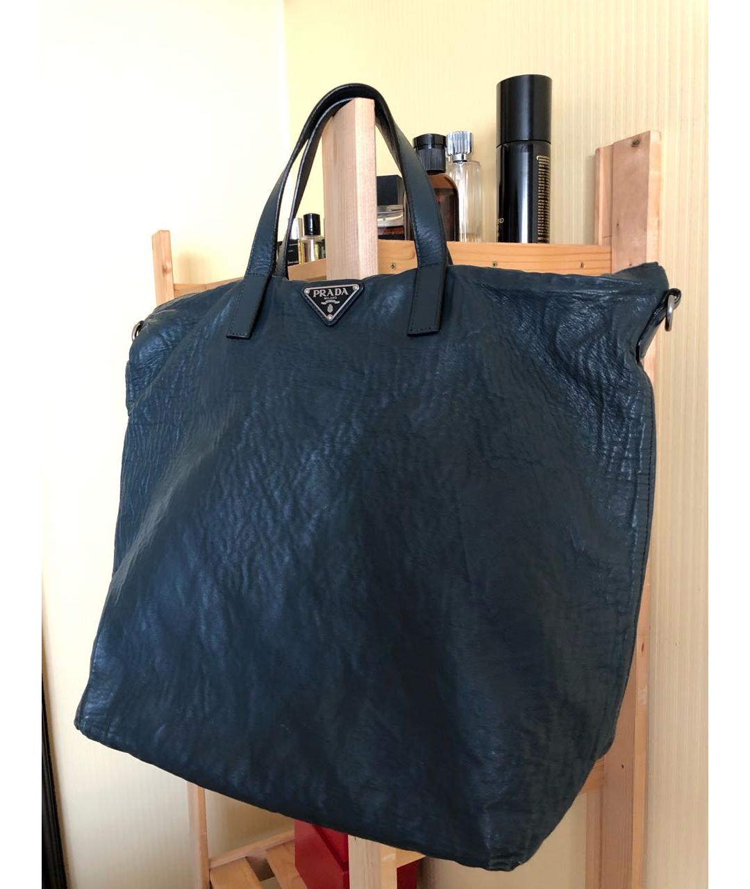 PRADA Темно-синяя кожаная сумка тоут, фото 3