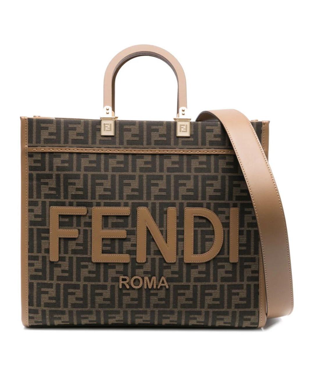 FENDI Коричневая жаккардовая сумка тоут, фото 1