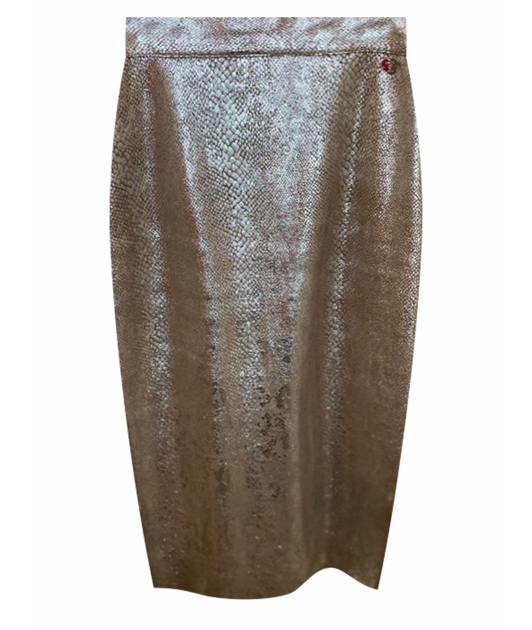 TWIN-SET Золотая юбка миди из экзотической кожи, фото 1