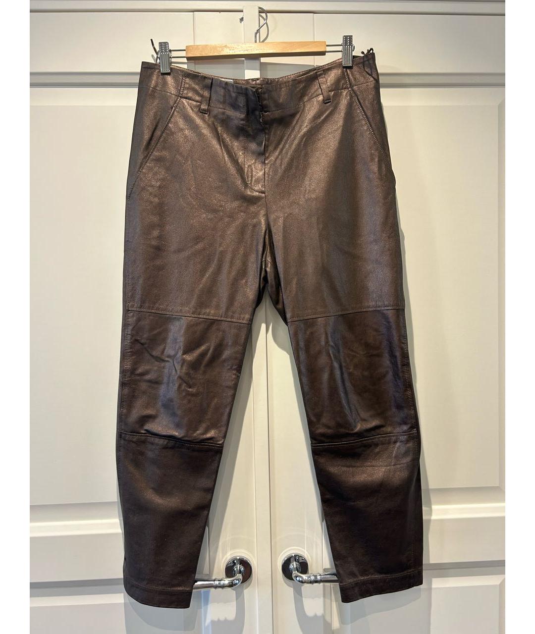 BRUNELLO CUCINELLI Коричневые кожаные прямые брюки, фото 8