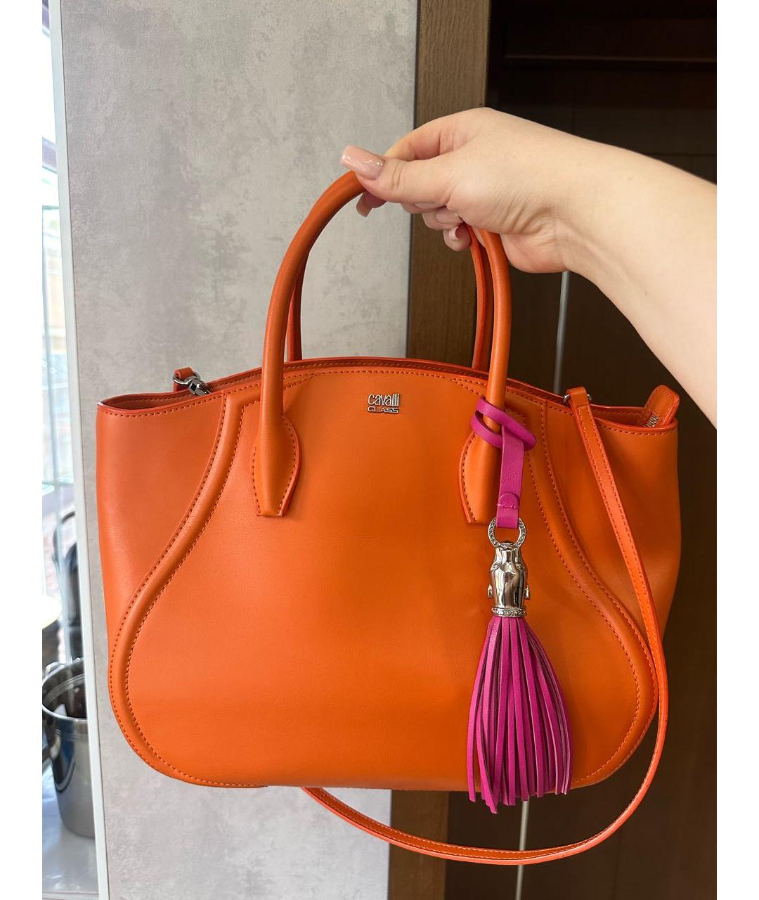 CAVALLI CLASS Оранжевая кожаная сумка с короткими ручками, фото 5