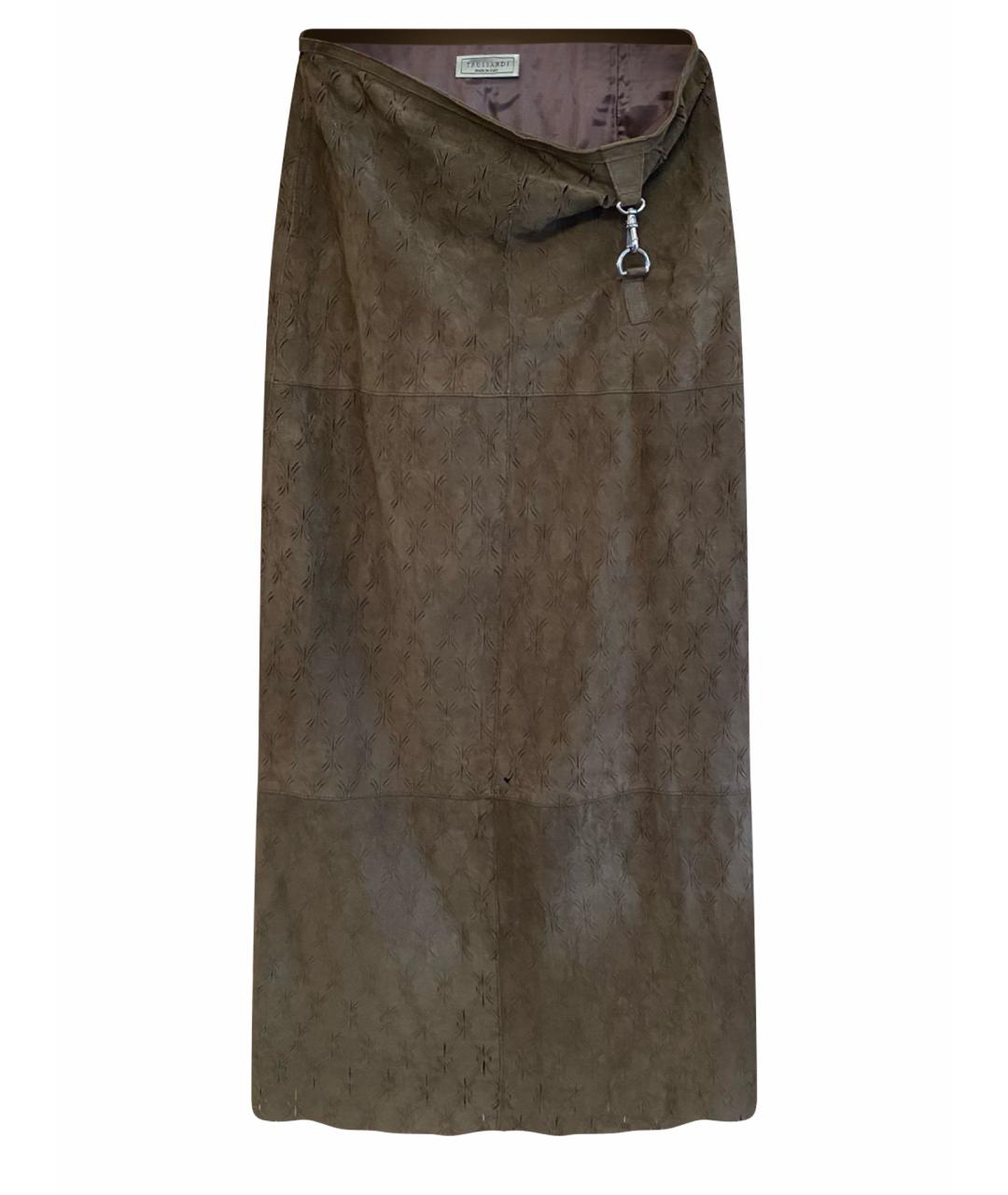 TRUSSARDI Хаки кожаная юбка миди, фото 1