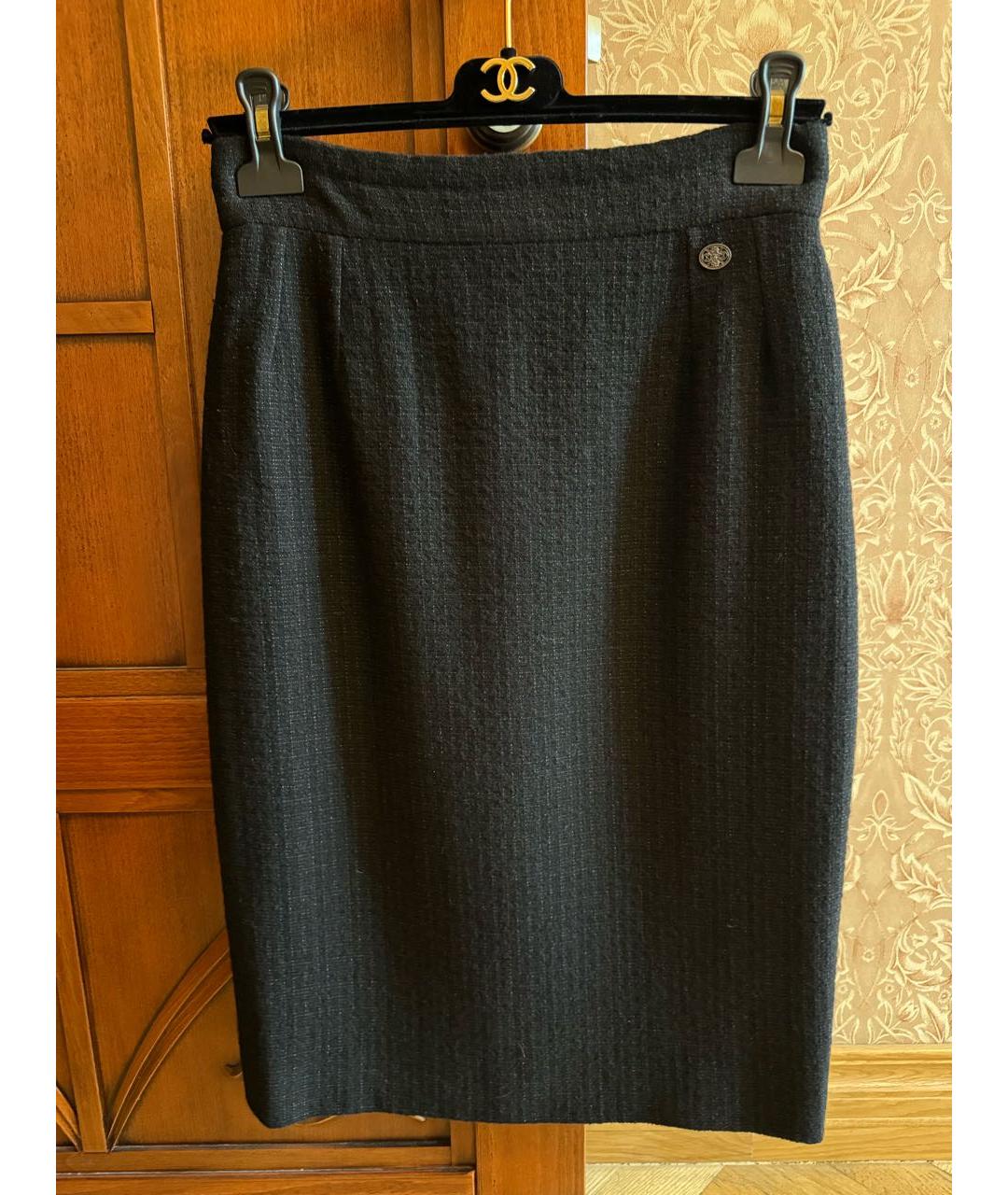 CHANEL PRE-OWNED Черная шерстяная юбка миди, фото 9