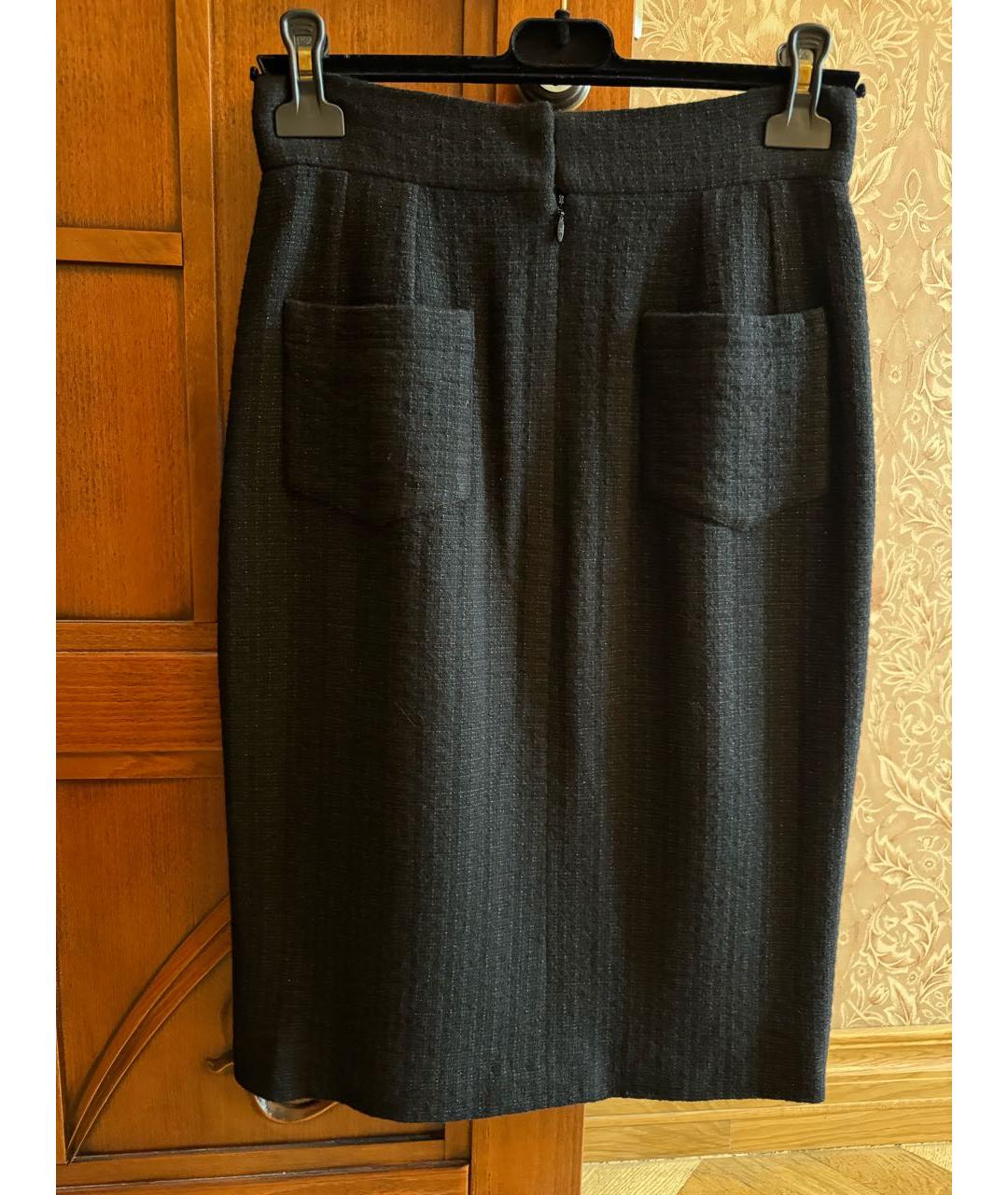 CHANEL PRE-OWNED Черная шерстяная юбка миди, фото 2