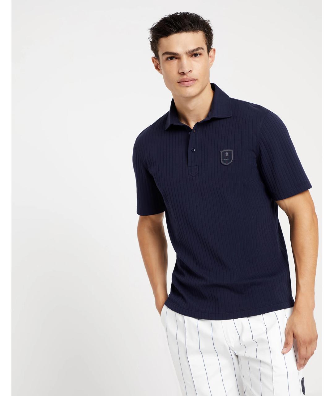 BRUNELLO CUCINELLI Синее хлопковое поло с коротким рукавом, фото 2