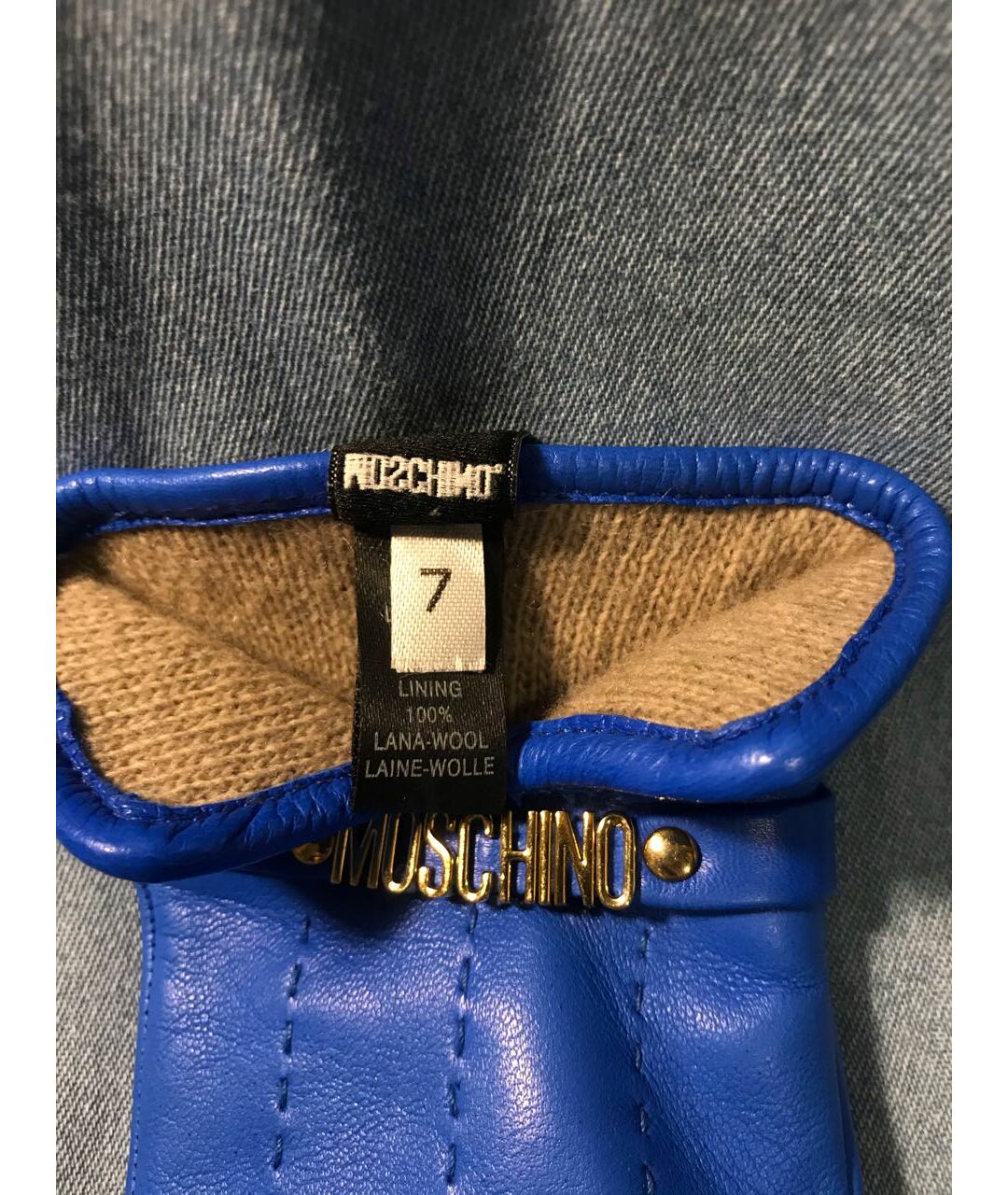 MOSCHINO Синие кожаные перчатки, фото 3