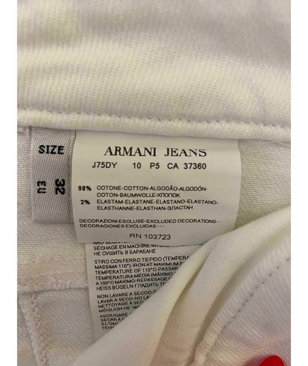 ARMANI JEANS Белые хлопко-эластановые прямые джинсы, фото 4
