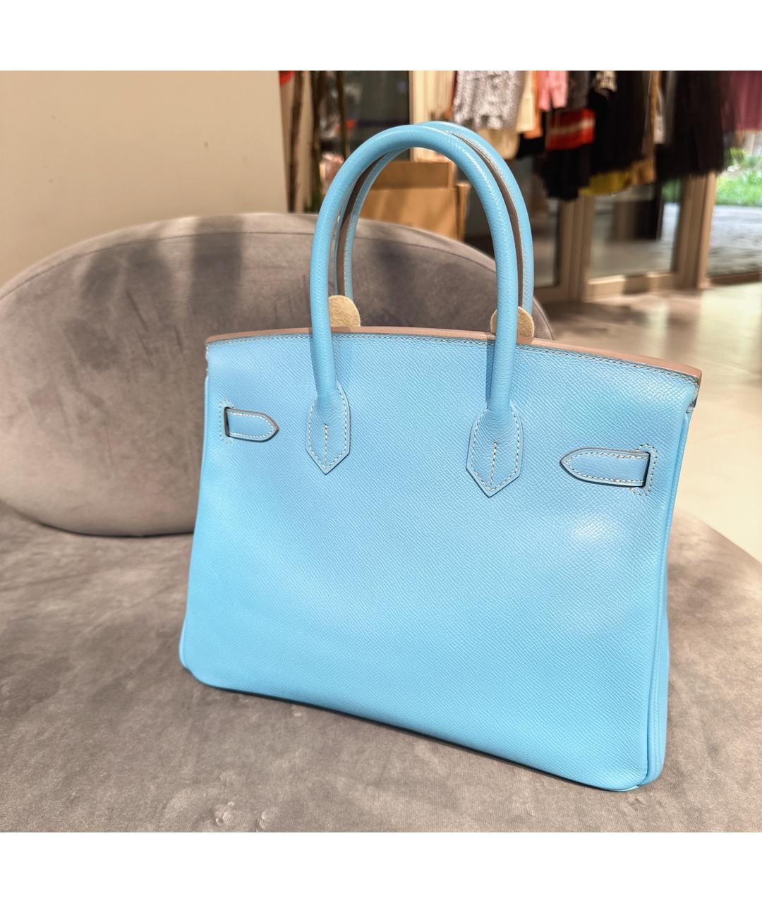 HERMES Голубая кожаная сумка с короткими ручками, фото 3