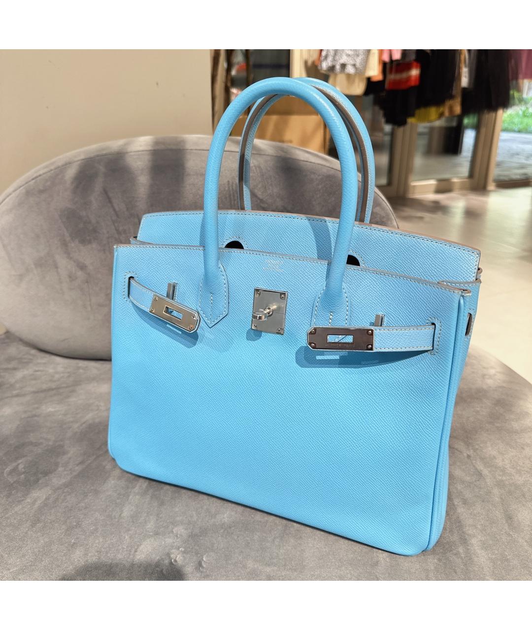 HERMES Голубая кожаная сумка с короткими ручками, фото 7