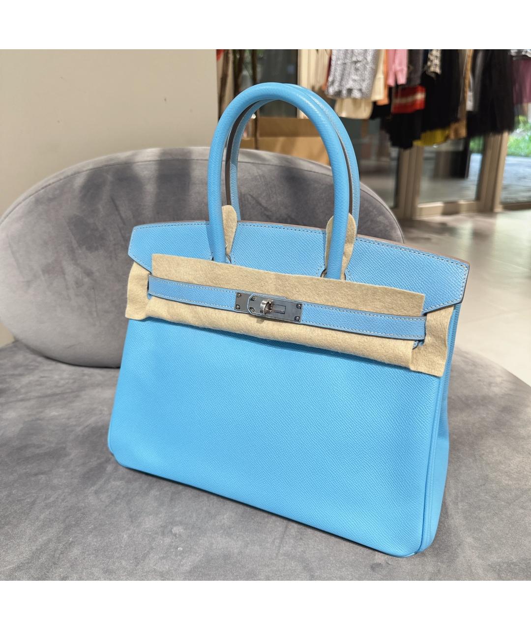 HERMES Голубая кожаная сумка с короткими ручками, фото 2