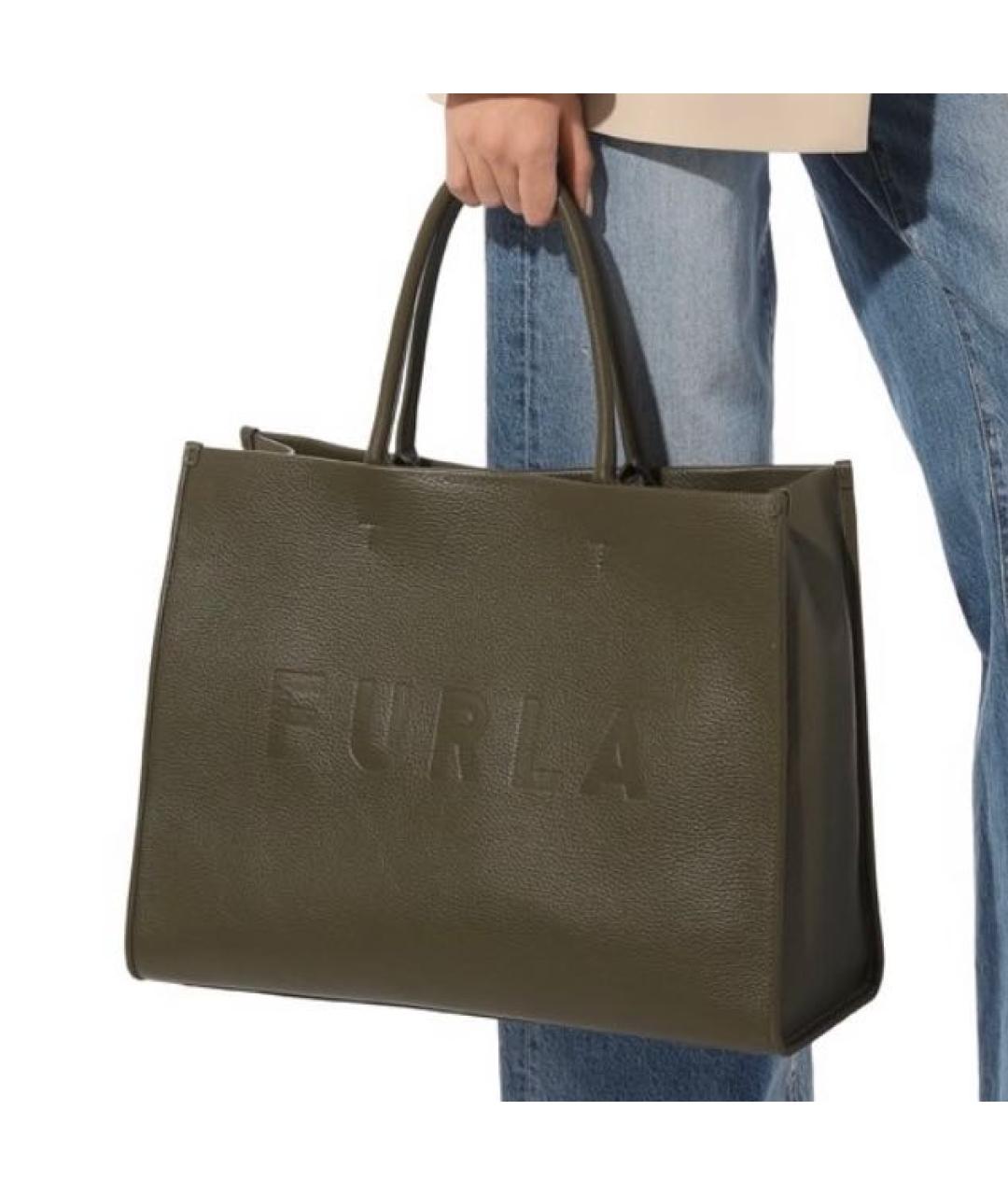 FURLA Хаки кожаная сумка с короткими ручками, фото 2