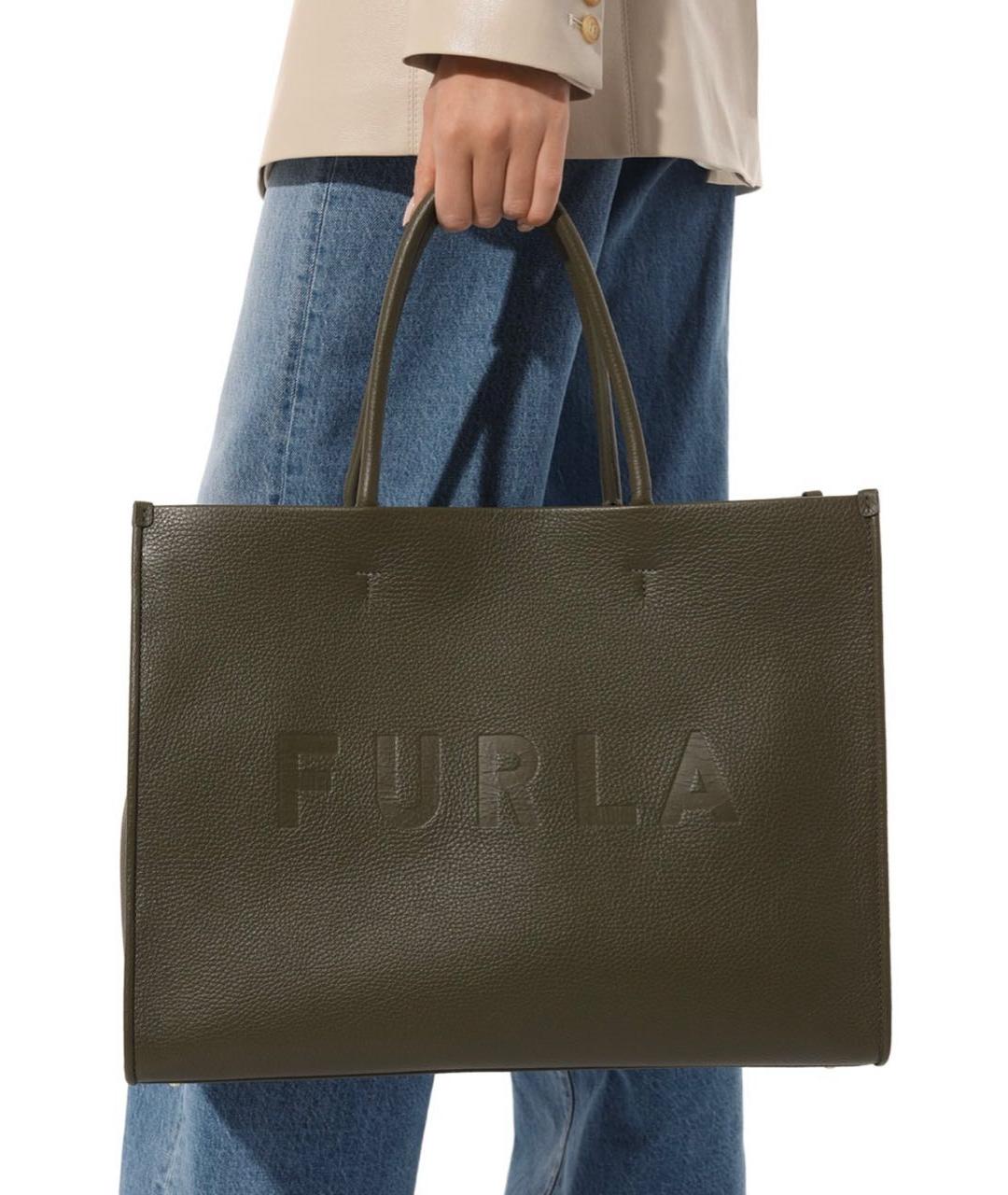 FURLA Хаки кожаная сумка с короткими ручками, фото 5