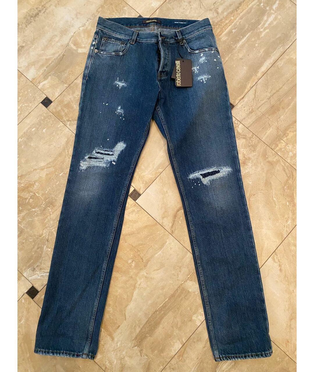 ROBERTO CAVALLI Голубые хлопко-эластановые прямые джинсы, фото 6