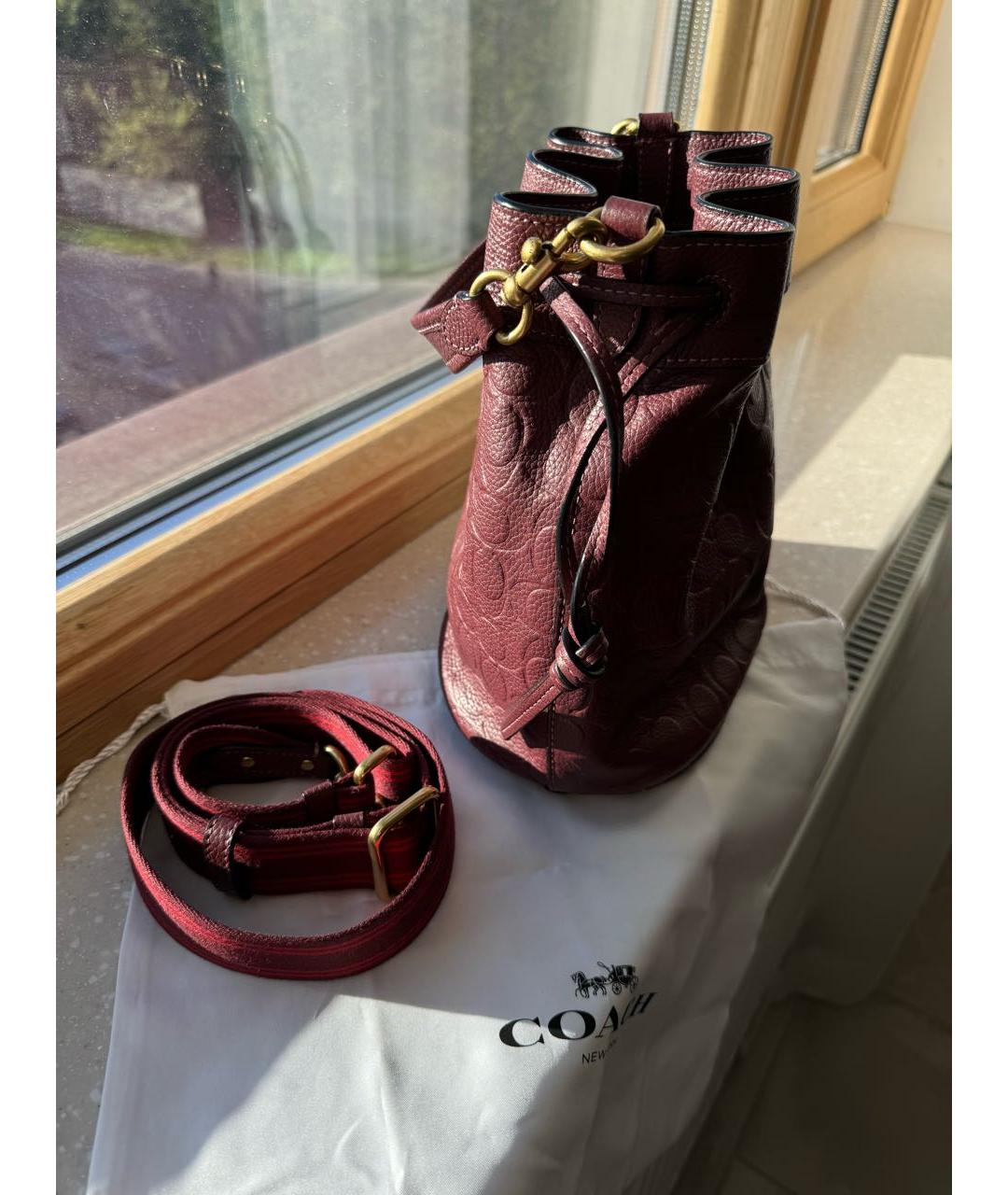 COACH Бордовая кожаная сумка с короткими ручками, фото 7