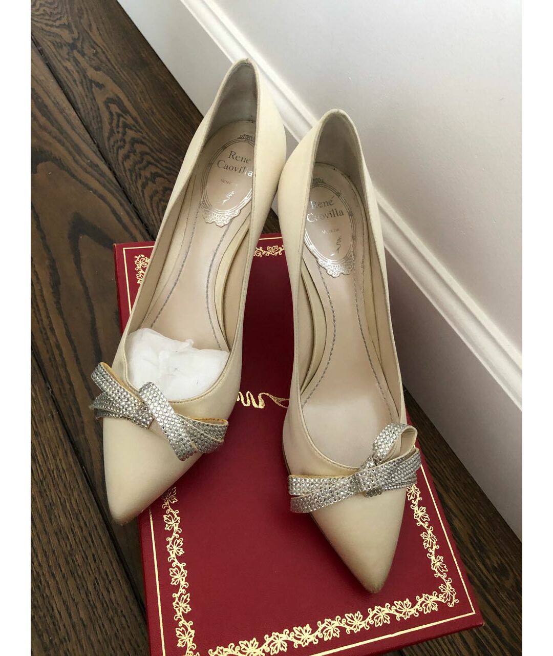 RENE CAOVILLA Бежевые текстильные свадебные туфли на высоком каблуке, фото 7