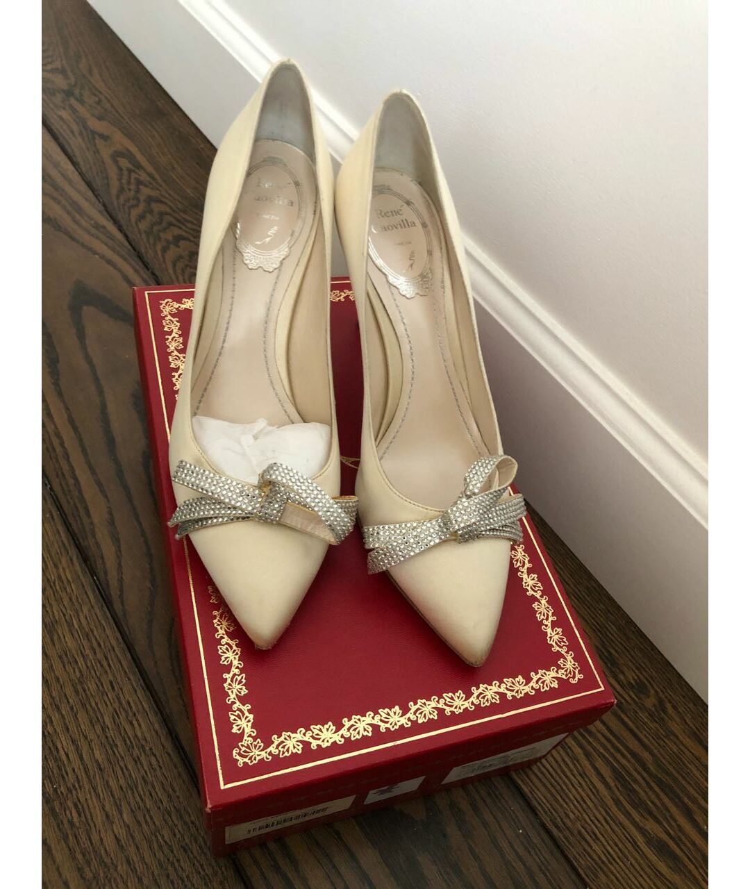 RENE CAOVILLA Бежевые текстильные свадебные туфли на высоком каблуке, фото 8