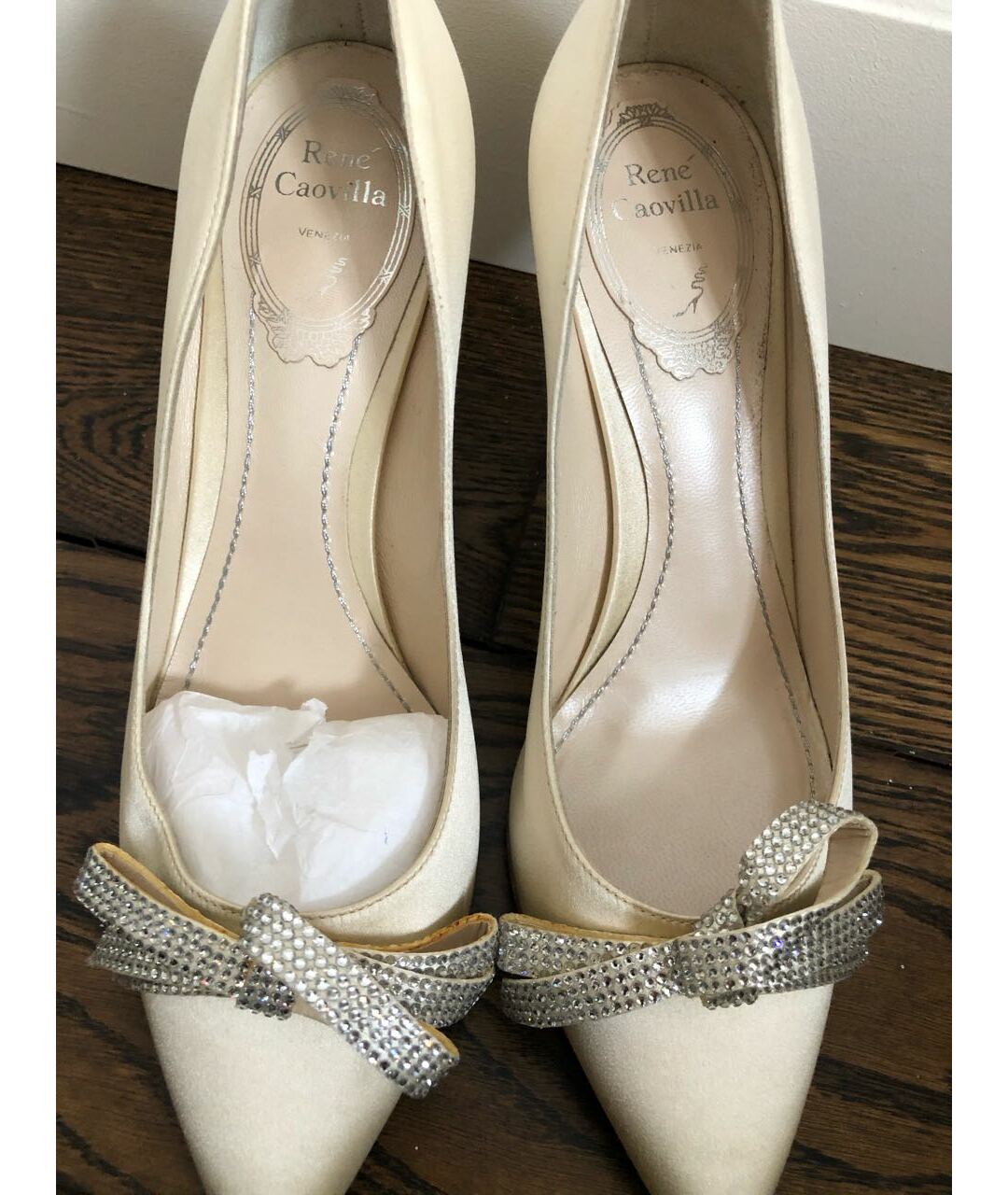 RENE CAOVILLA Бежевые текстильные свадебные туфли на высоком каблуке, фото 5