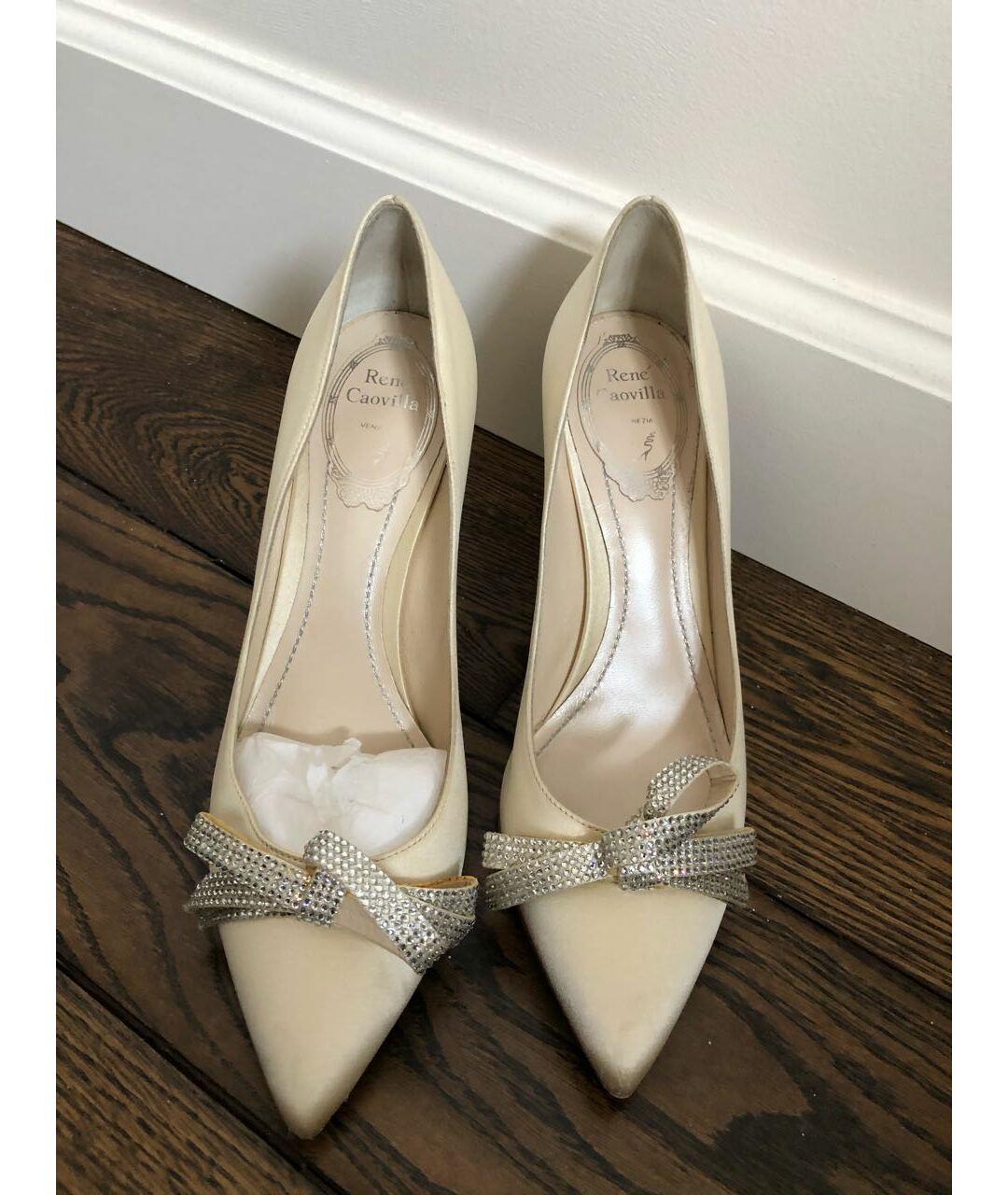 RENE CAOVILLA Бежевые текстильные свадебные туфли на высоком каблуке, фото 4