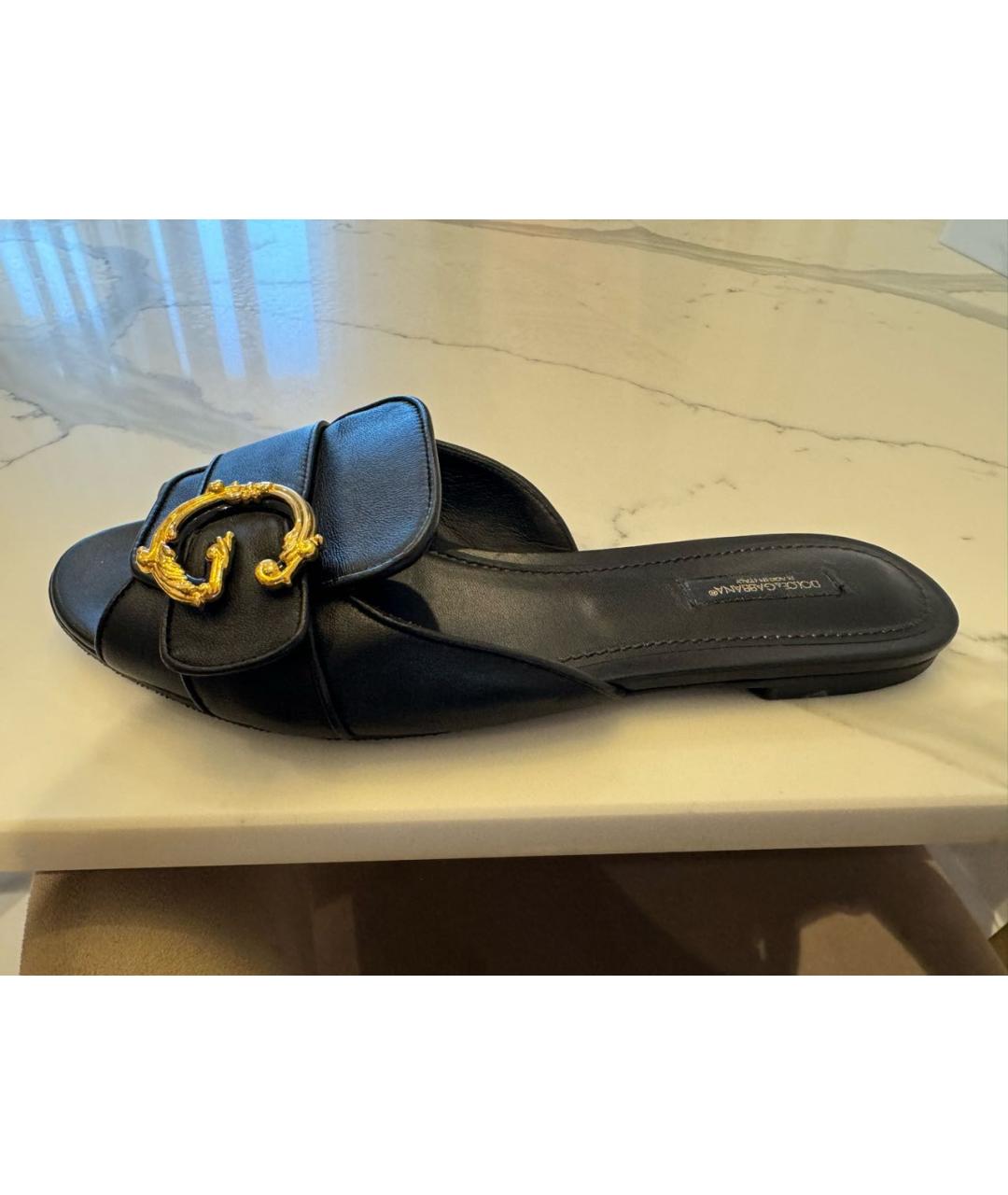 DOLCE&GABBANA Черные кожаные шлепанцы, фото 4