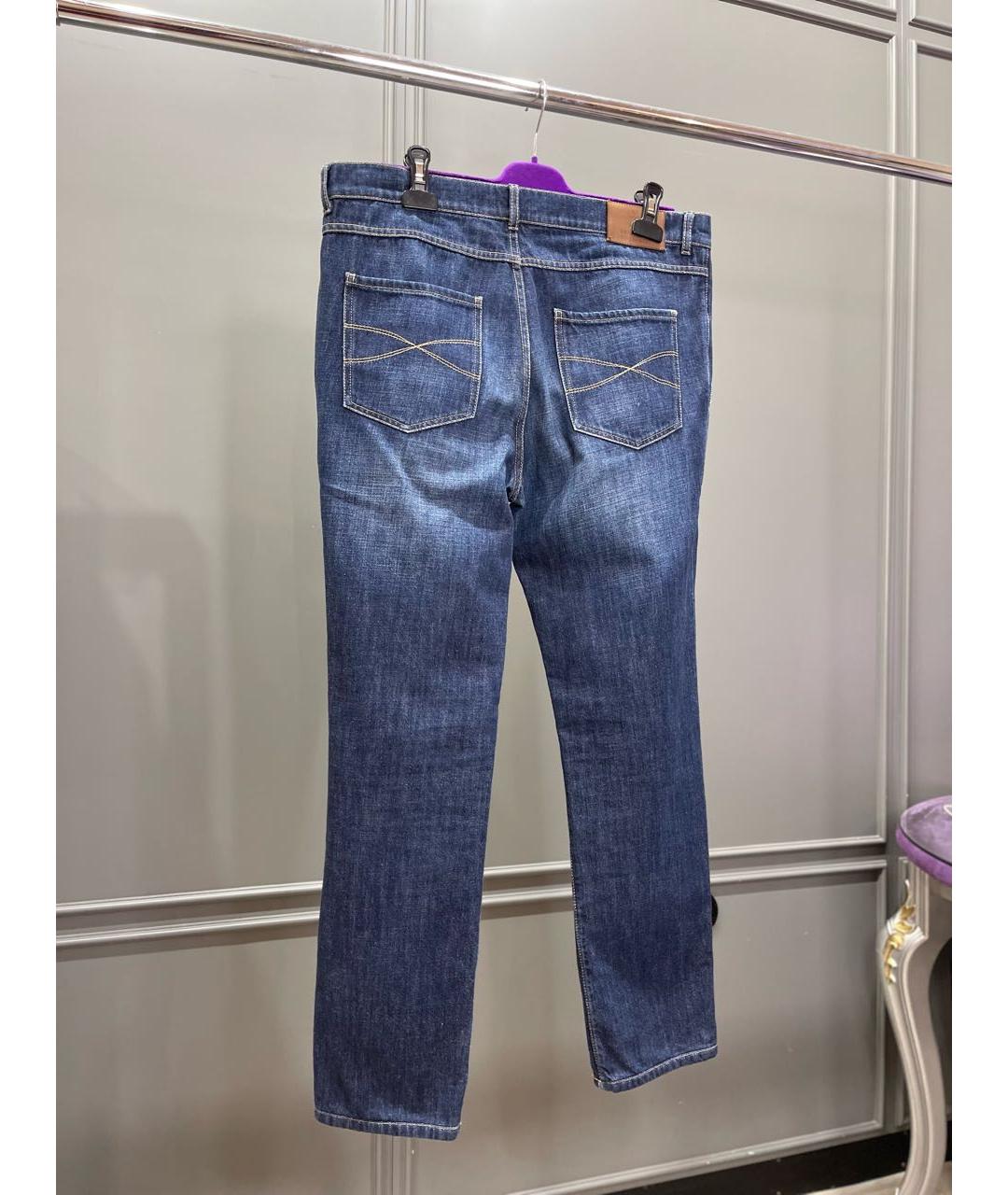 BRUNELLO CUCINELLI Темно-синие хлопко-полиэстеровые прямые джинсы, фото 2