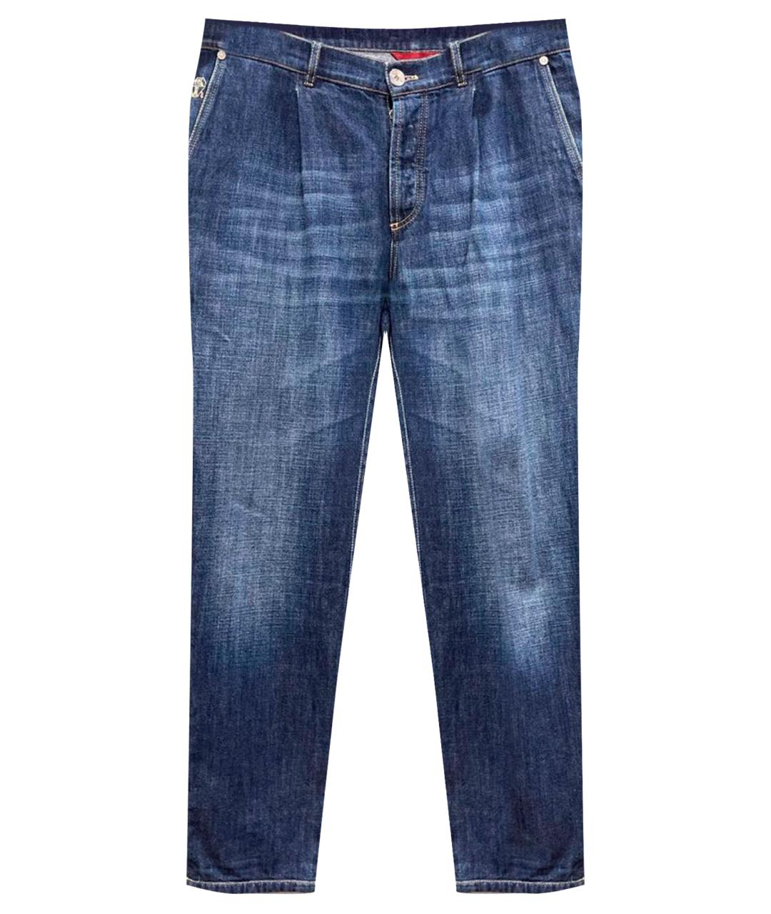 BRUNELLO CUCINELLI Темно-синие хлопко-полиэстеровые прямые джинсы, фото 1