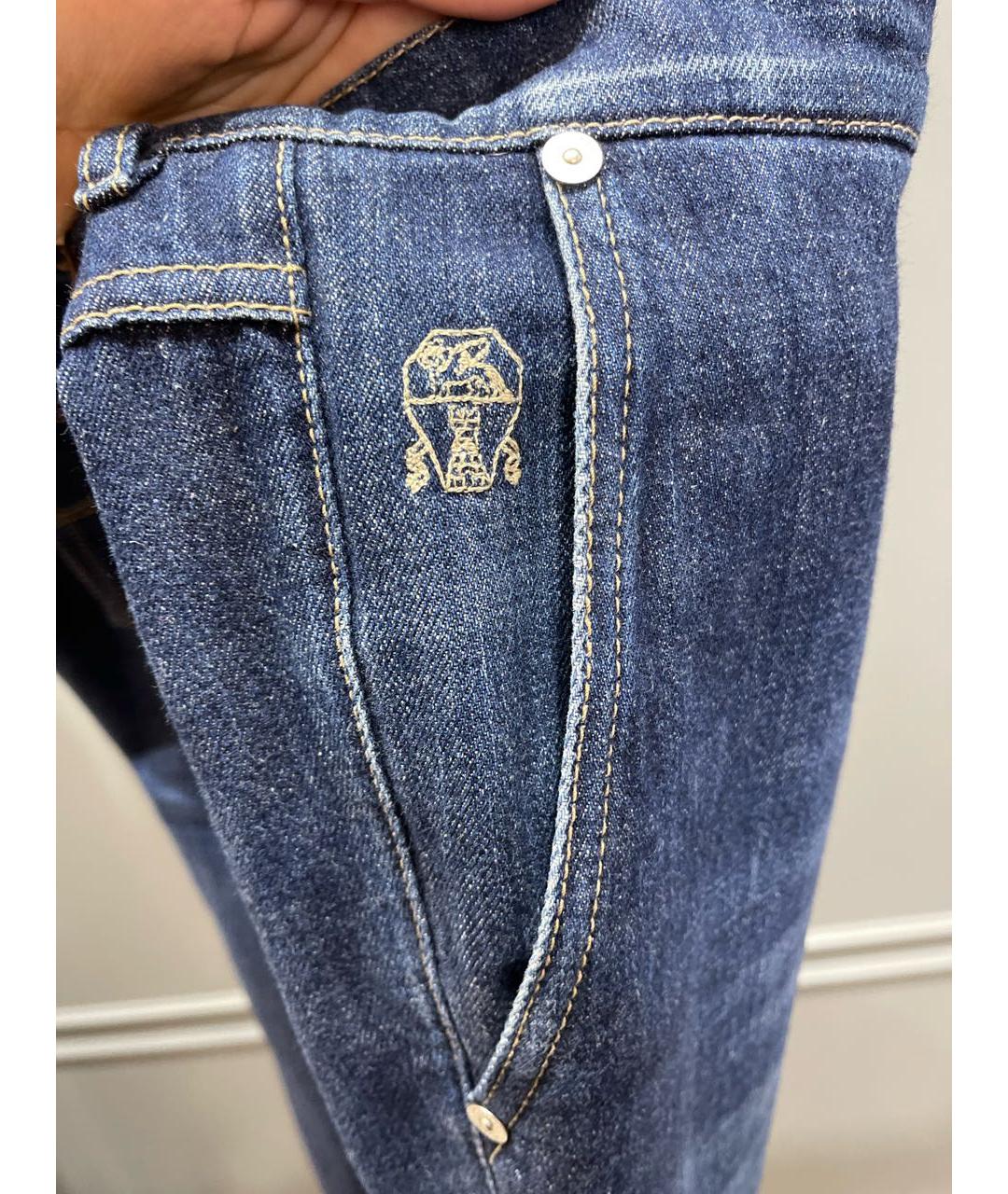 BRUNELLO CUCINELLI Темно-синие хлопко-полиэстеровые прямые джинсы, фото 4