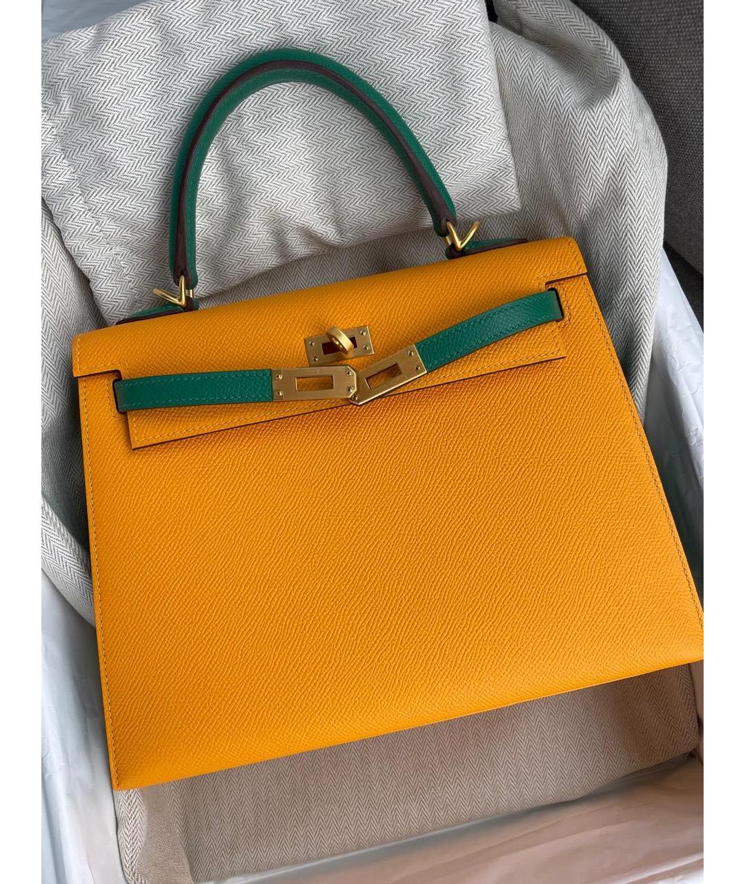 HERMES Горчичная кожаная сумка с короткими ручками, фото 9