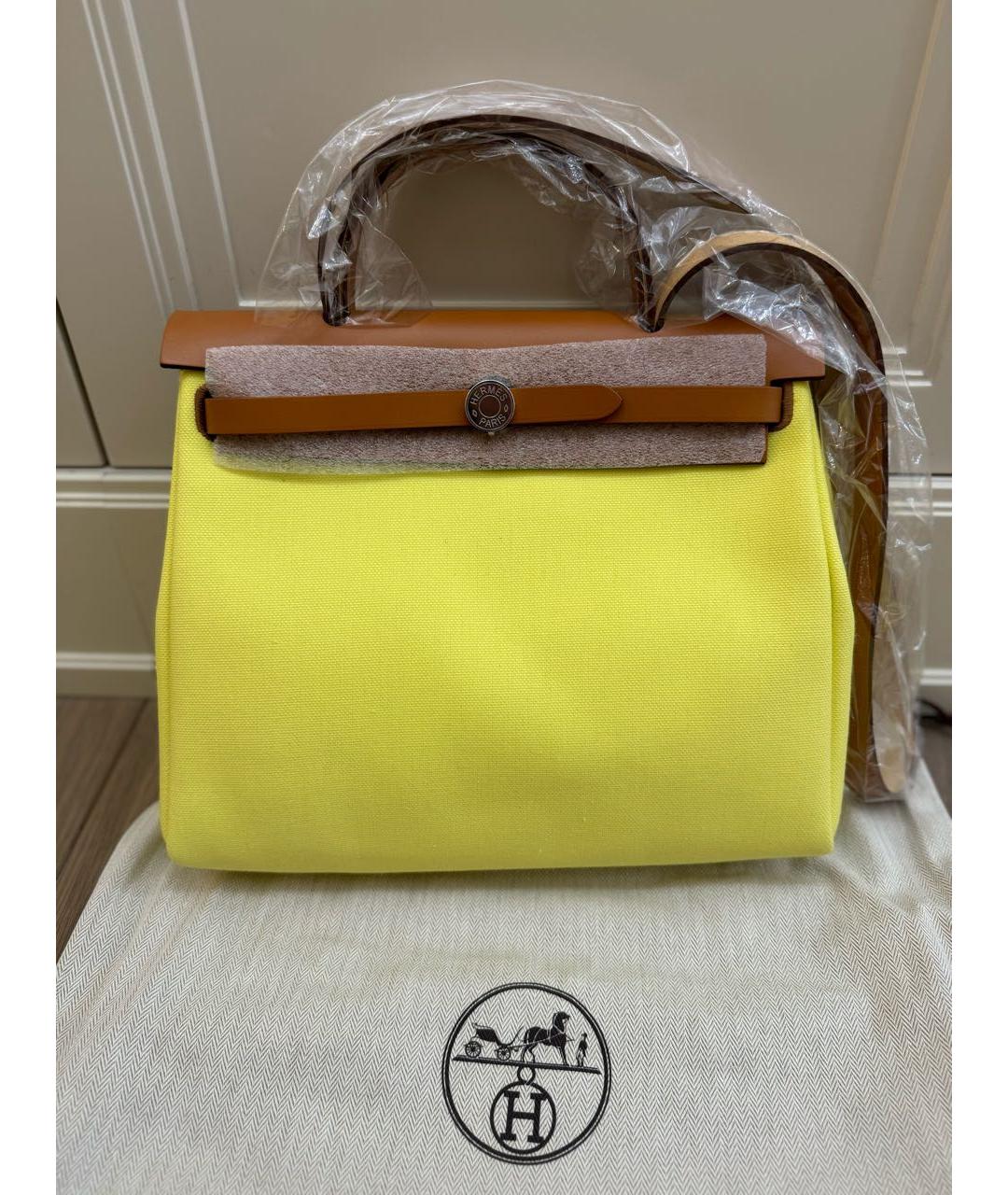 HERMES Желтая тканевая сумка с короткими ручками, фото 4