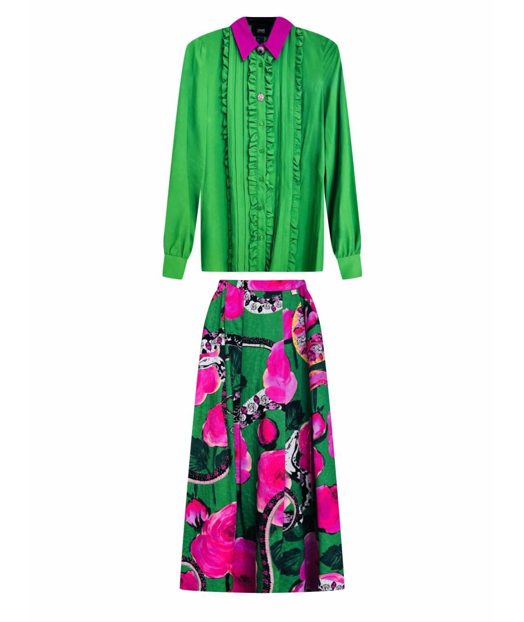 CAVALLI CLASS Зеленый шелковый костюм с юбками, фото 1
