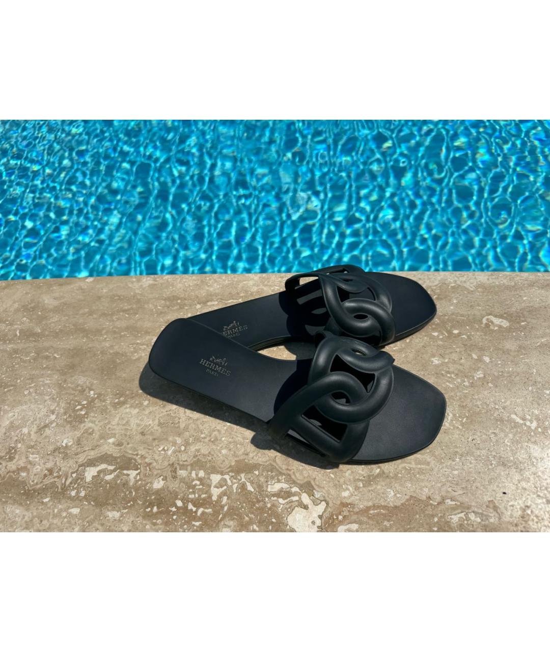 HERMES Черные резиновые шлепанцы, фото 4