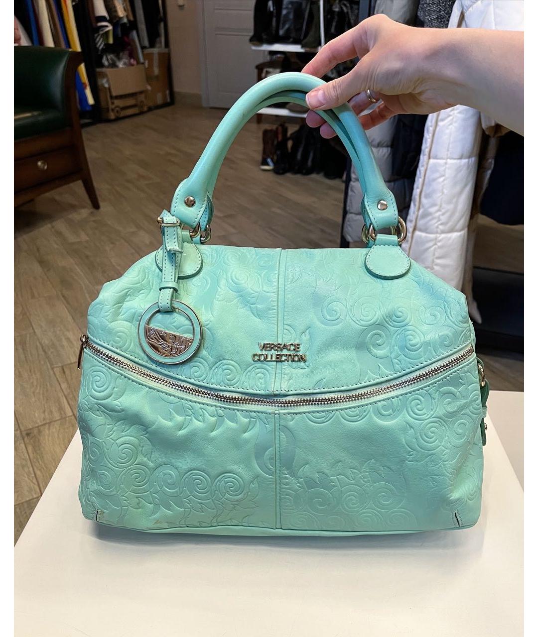 VERSACE COLLECTION Бирюзовая кожаная сумка тоут, фото 9