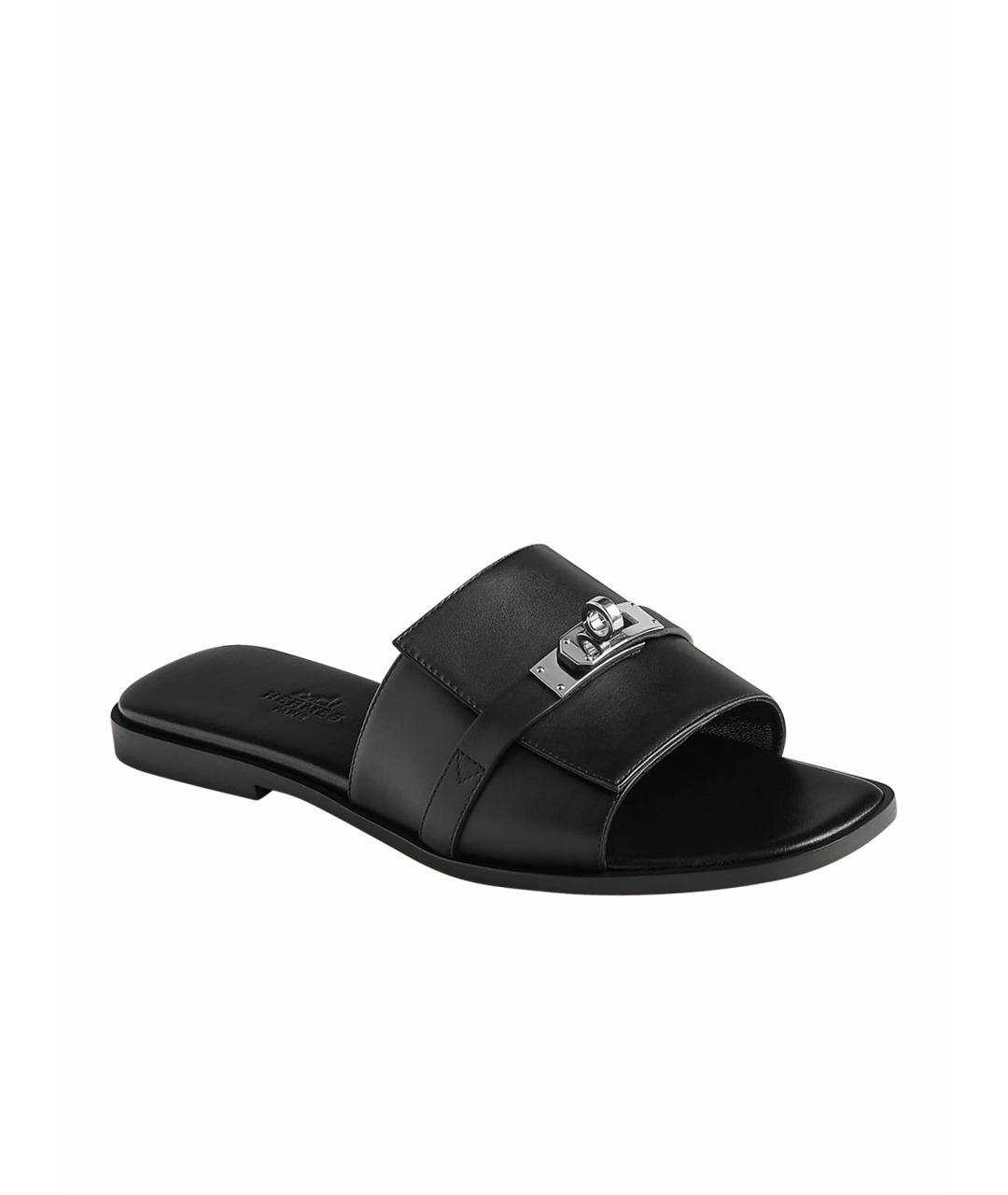 HERMES Черные кожаные шлепанцы, фото 1