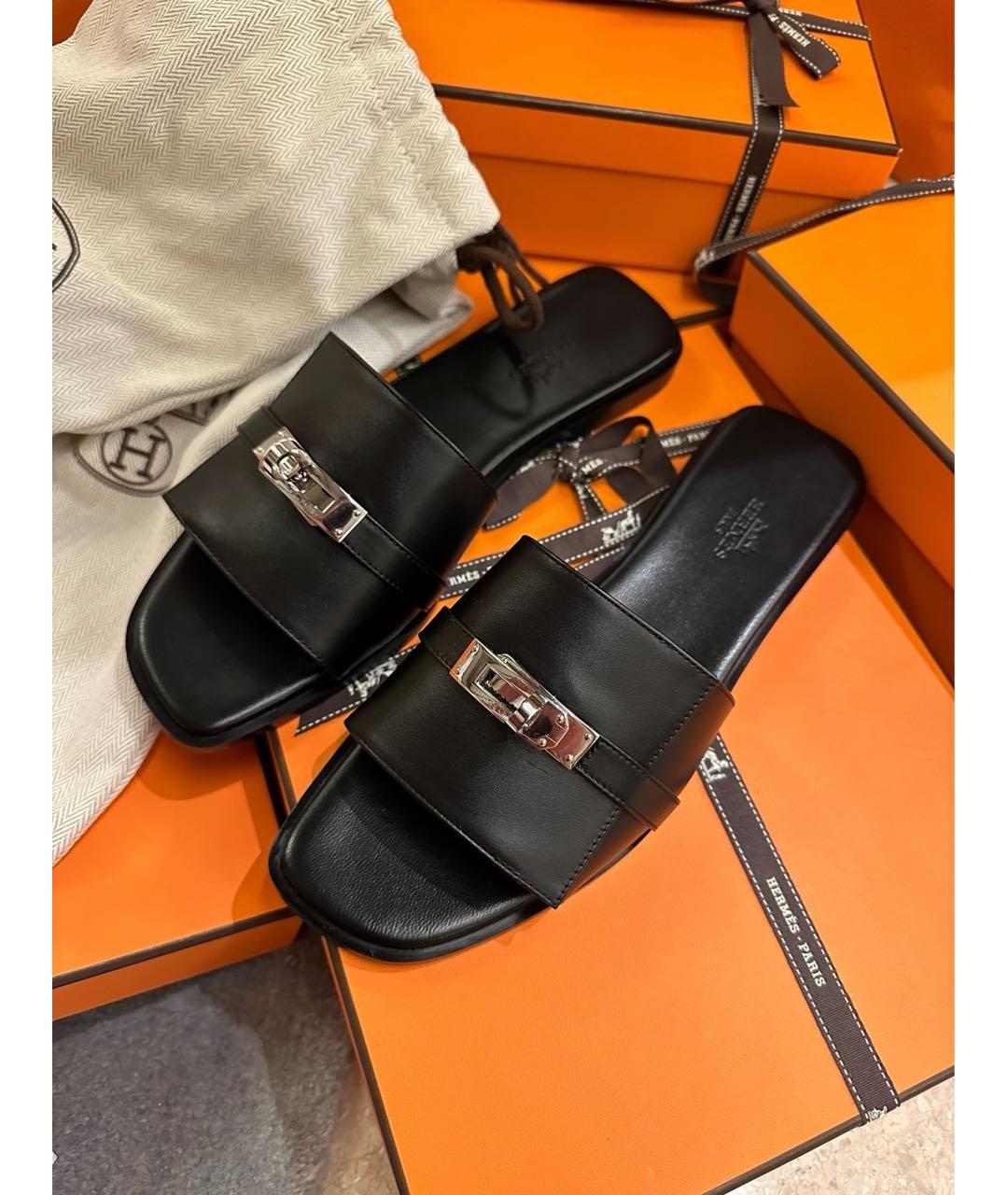HERMES Черные кожаные шлепанцы, фото 2
