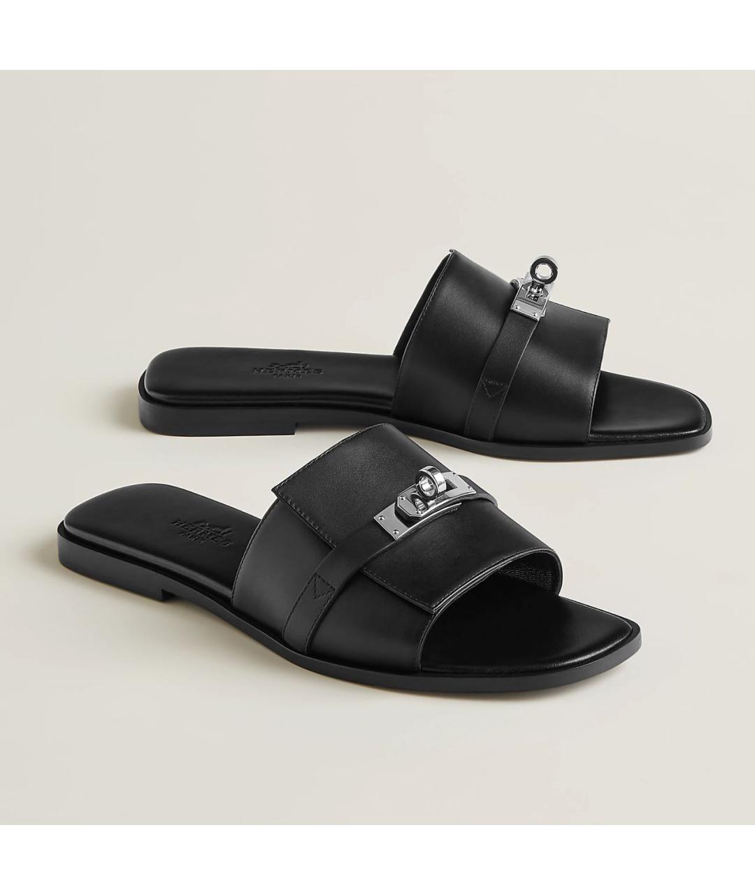 HERMES Черные кожаные шлепанцы, фото 3