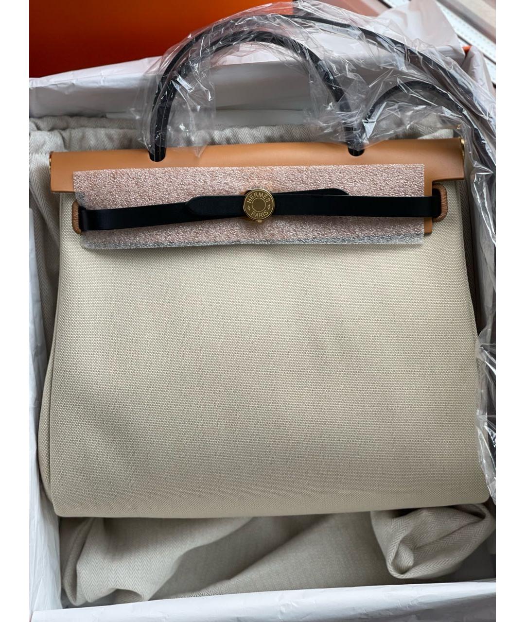 HERMES Бежевая тканевая сумка с короткими ручками, фото 3