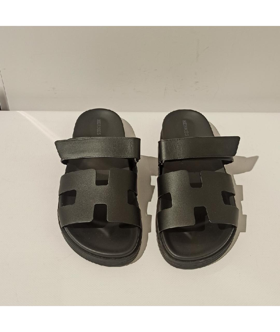 HERMES Черные кожаные сандалии, фото 2