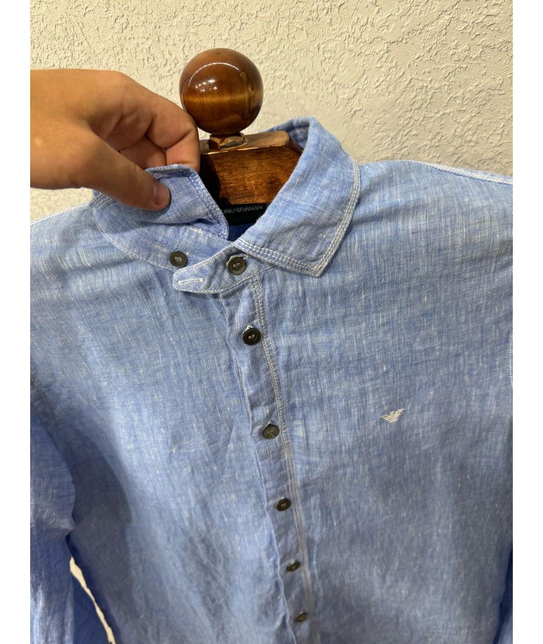 EMPORIO ARMANI Голубая льняная кэжуал рубашка, фото 5