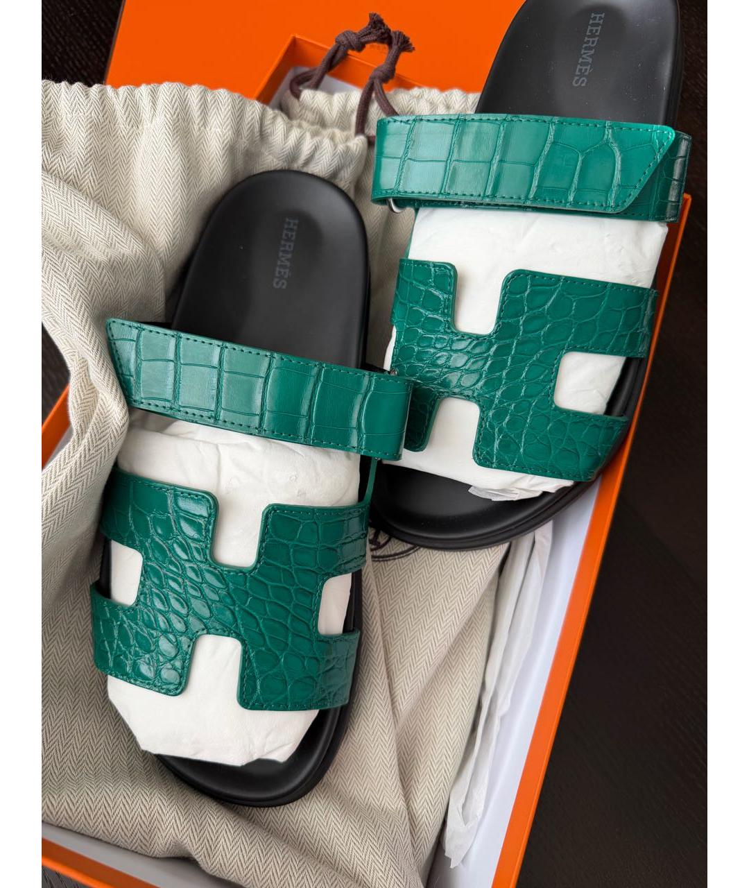 HERMES Зеленые сандалии из экзотической кожи, фото 4